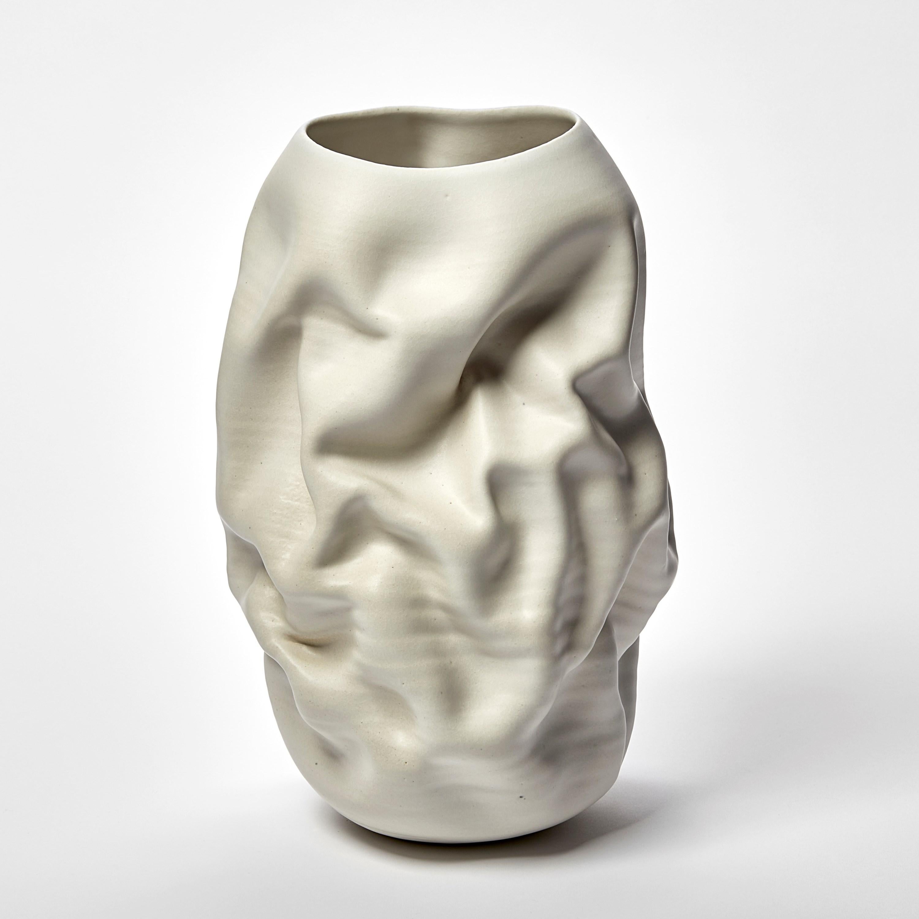 Spanish Tall Crumpled Form No 118, white ceramic vessel by Nicholas Arroyave-Portela For Sale