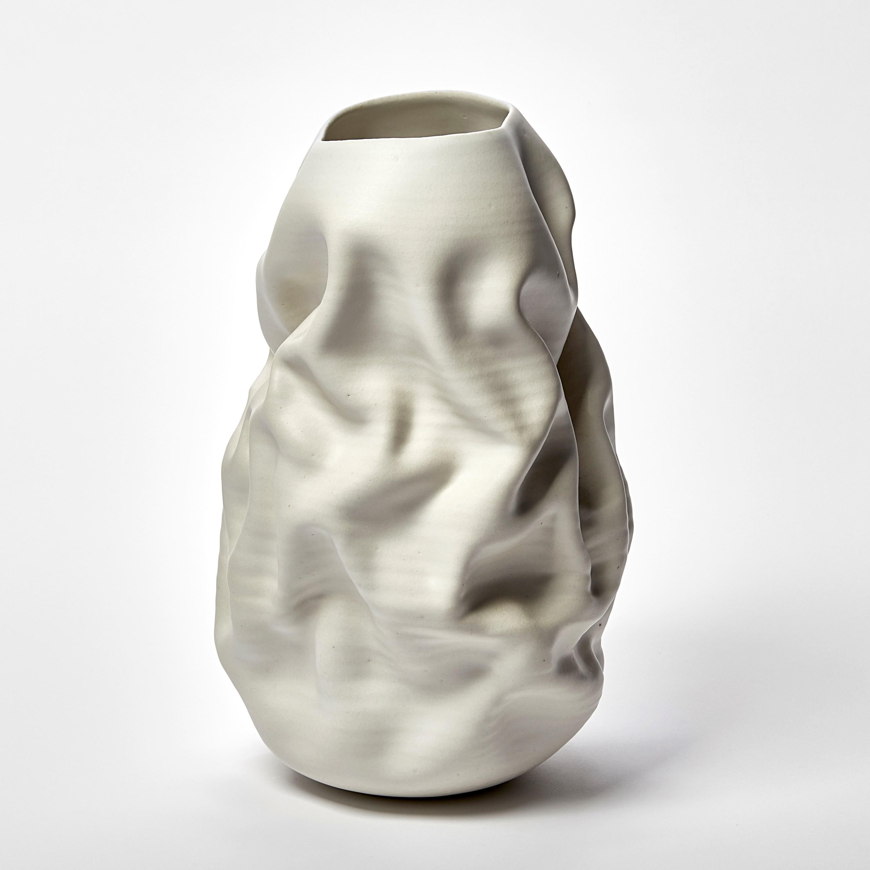 Hand-Crafted Tall Crumpled Form No 118, white ceramic vessel by Nicholas Arroyave-Portela For Sale