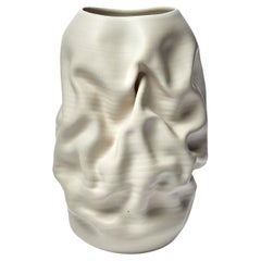 Antique Tall Crumpled Form No 118, white ceramic vessel by Nicholas Arroyave-Portela
