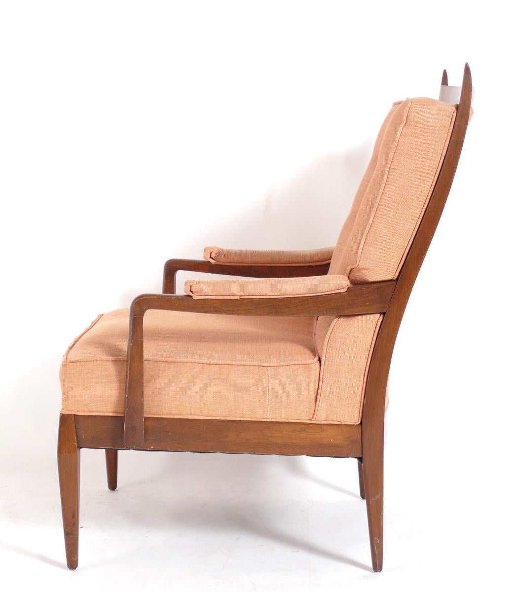 Tall Curvaceous Antler Back Lounge chair, attributed to Edward Wormley for Dunbar, unsigned, American, circa 1950s. This chair is currently being refinished and reupholstered and can be completed in your choice of finish color and upholstered in