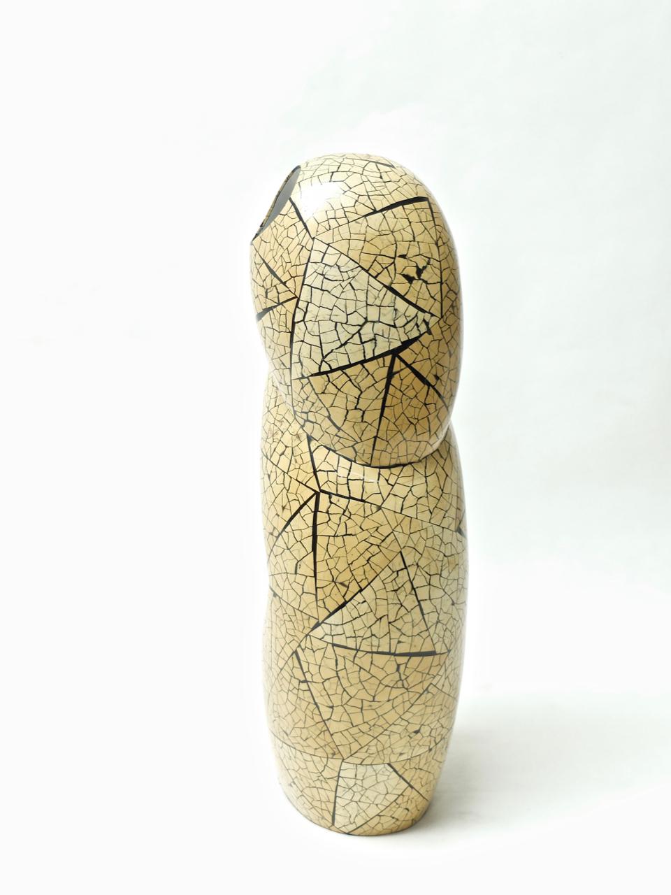 Large unusual curved, sculptural vase with inlaid bamboo, designed and manufactured by Ria & Youri Augousti, London in the 1990s. On the bottom it says: 