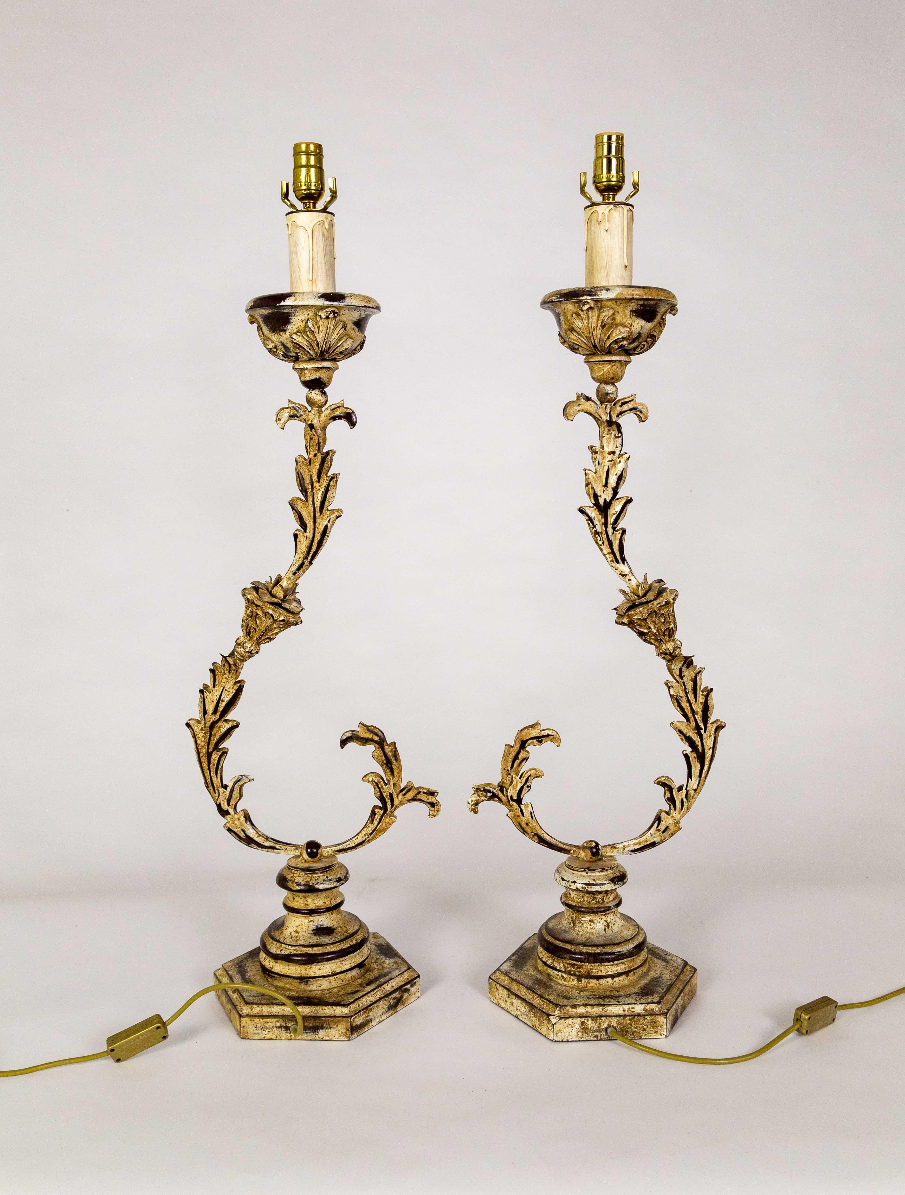 Late 20th Century Tall Curved Metal Foliate Lamps - Pair For Sale