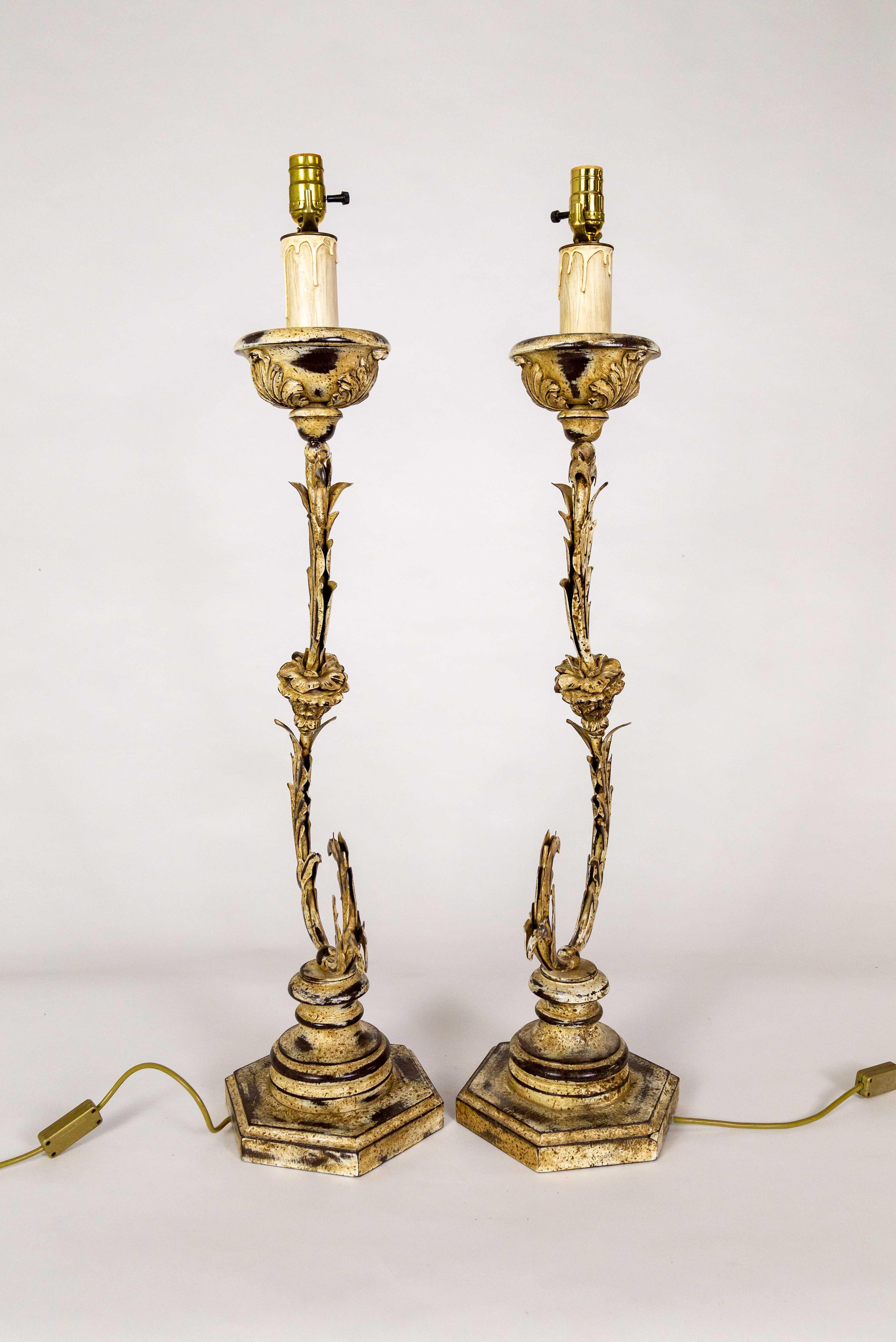 Tall Curved Metal Foliate Lamps - Pair For Sale 1