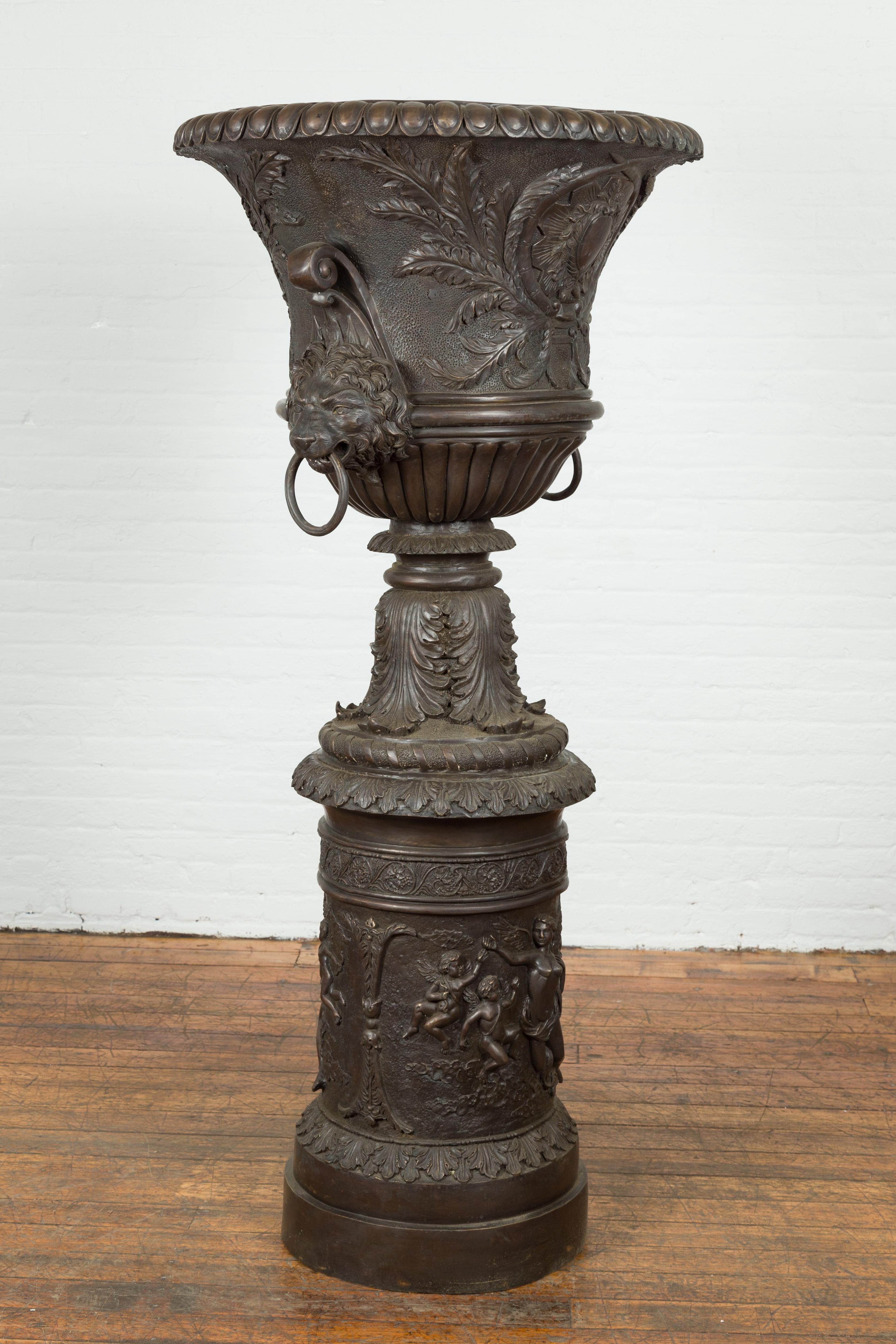 Tall Custom Made Cast Bronze Urn on Pedestal with Lion Head Handles 7