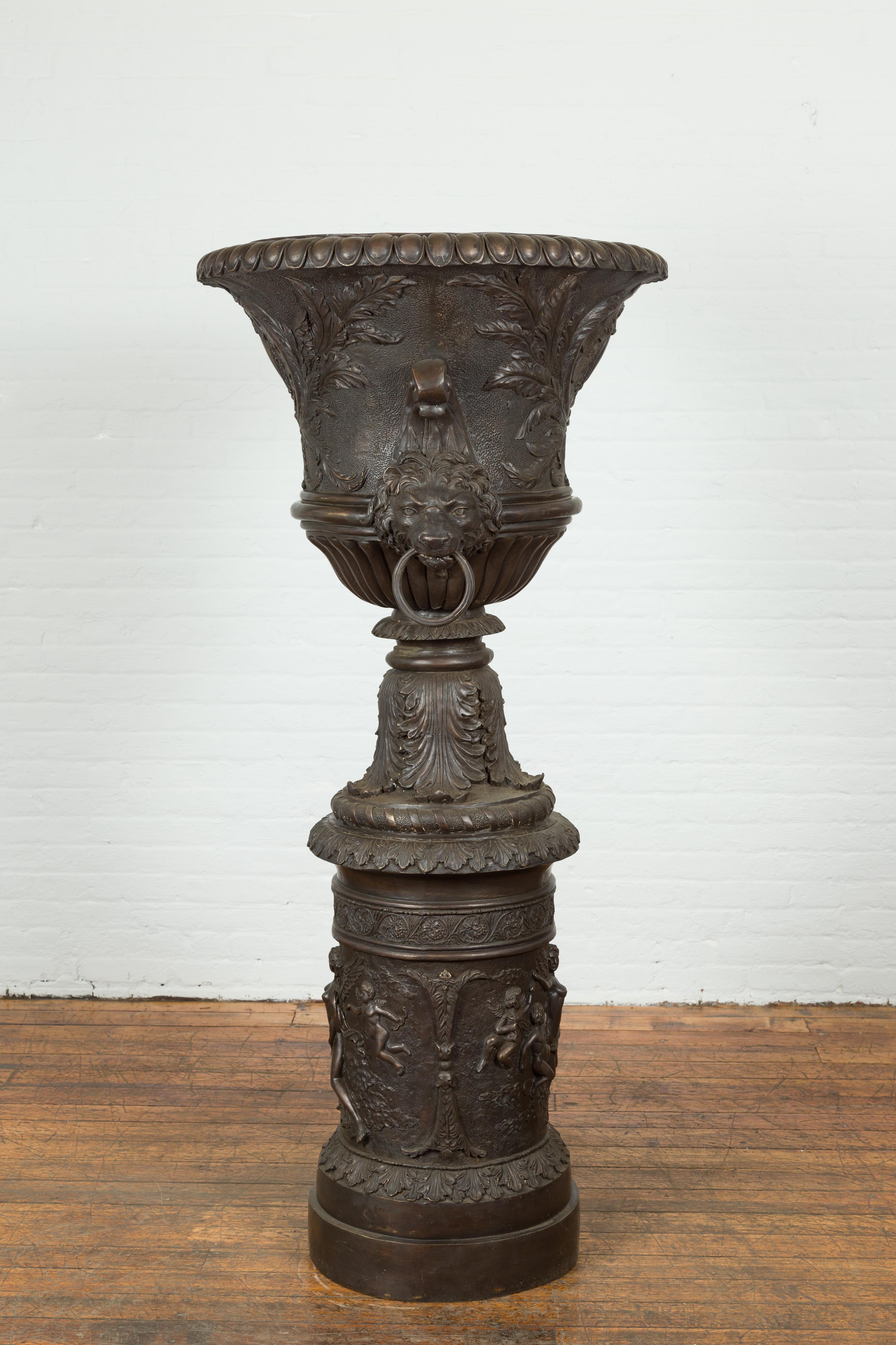 Tall Custom Made Cast Bronze Urn on Pedestal with Lion Head Handles 8