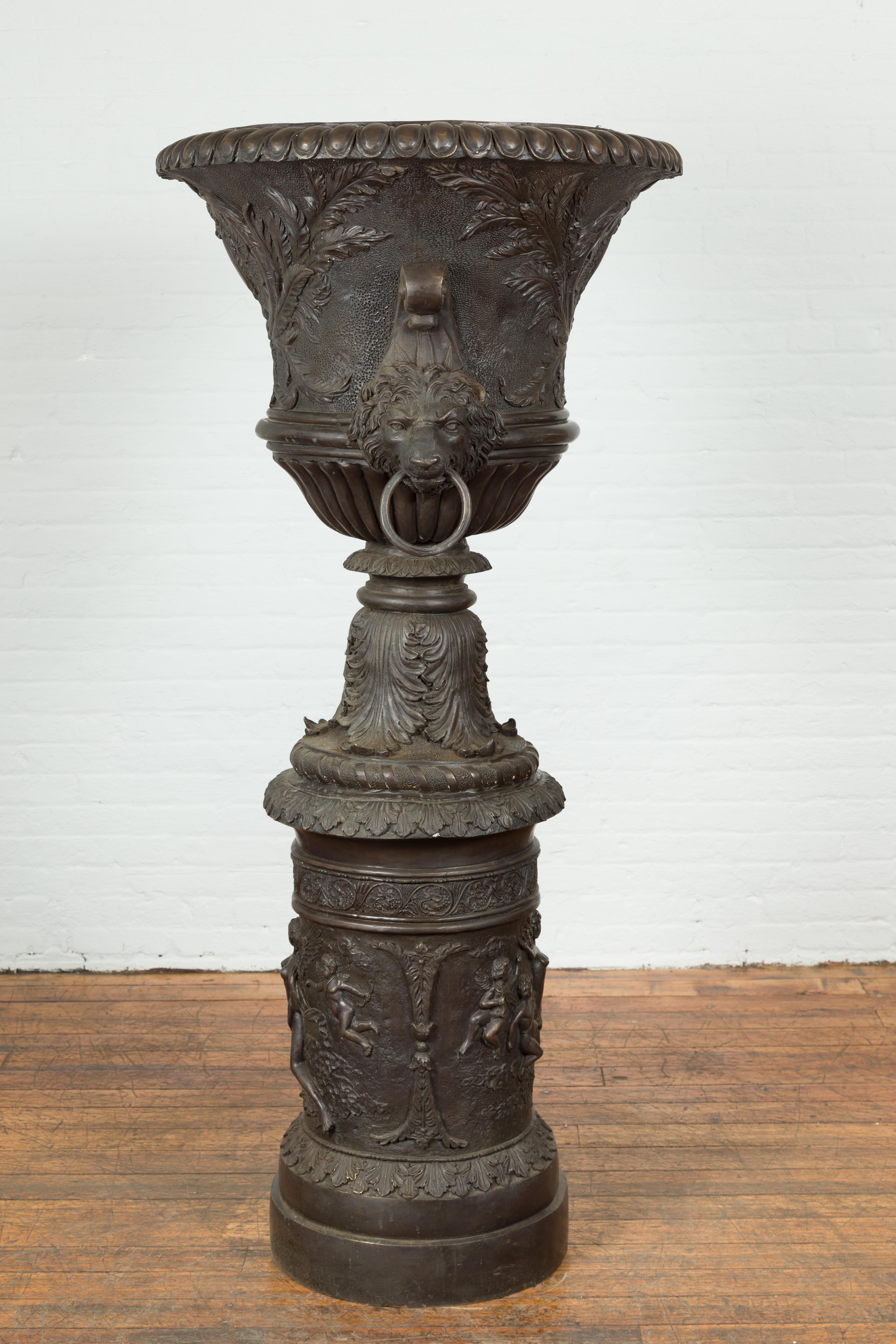 Tall Custom Made Cast Bronze Urn on Pedestal with Lion Head Handles 9