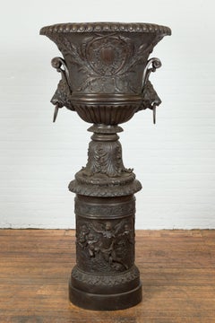 Tall Custom Made Cast Bronze Urn on Pedestal with Lion Head Handles