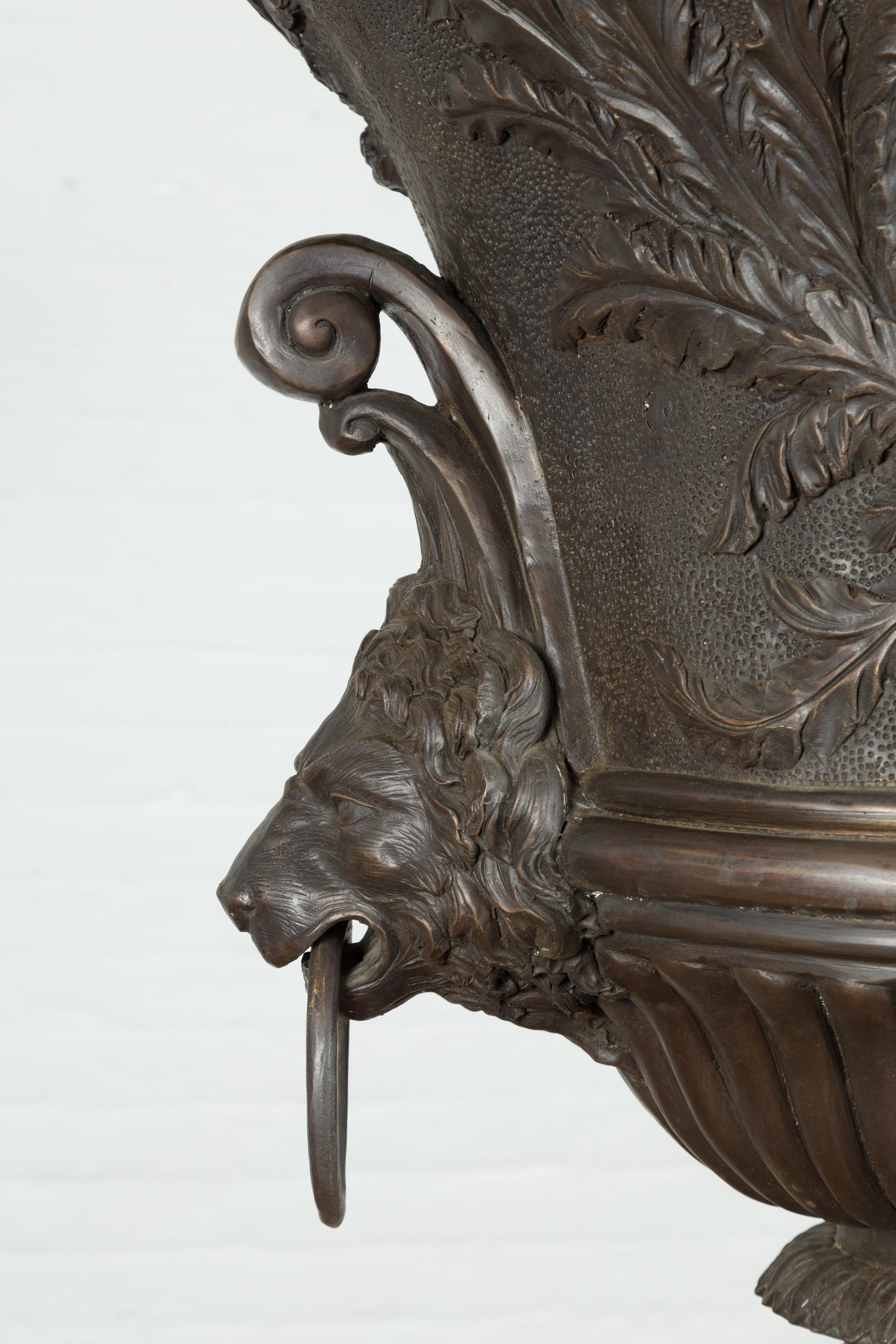 Contemporary Tall Custom Made Cast Bronze Urn on Pedestal with Lion Head Handles