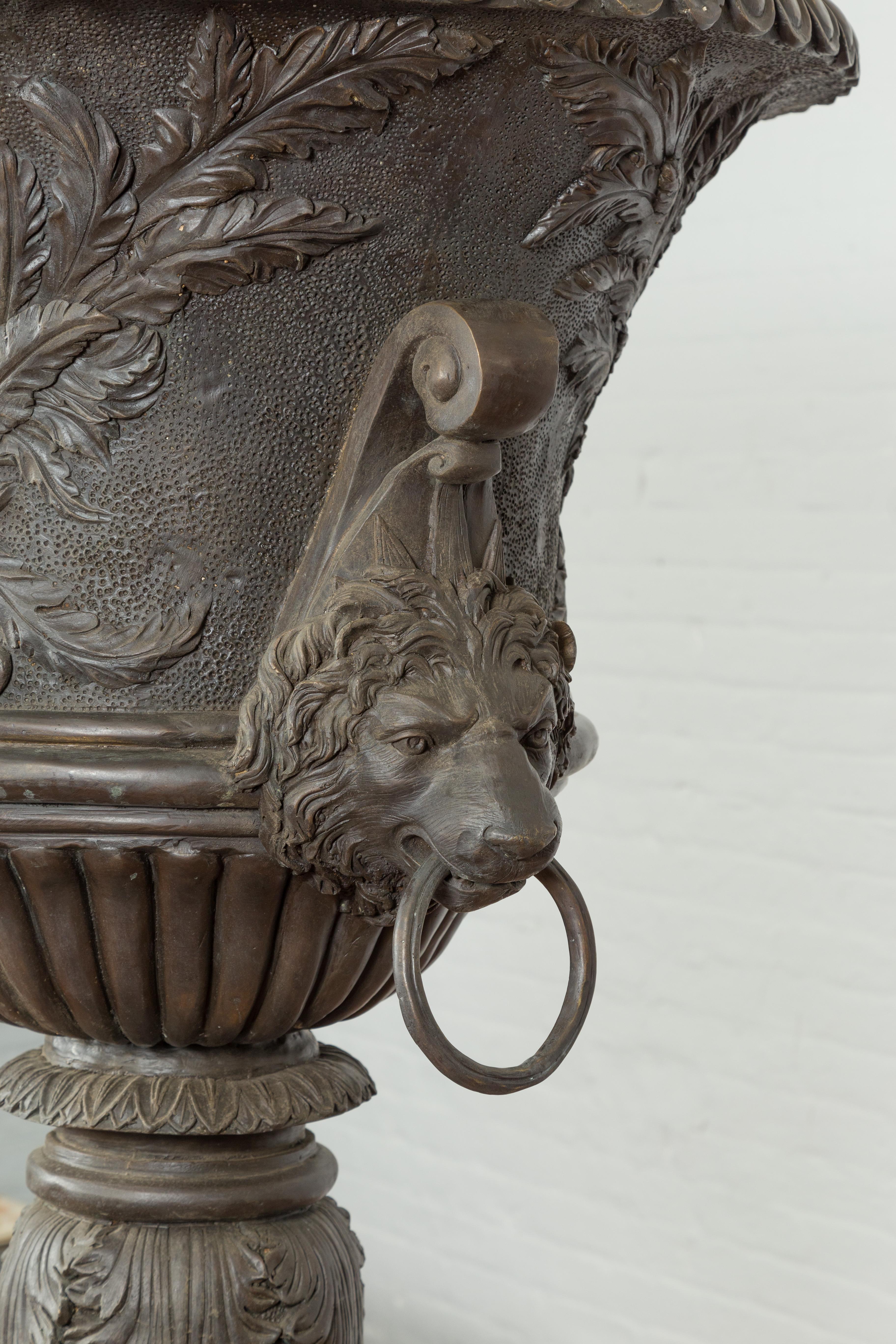 Tall Custom Made Cast Bronze Urn on Pedestal with Lion Head Handles 1