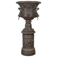Tall Custom Made Cast Bronze Urn on Pedestal with Lion Head Handles