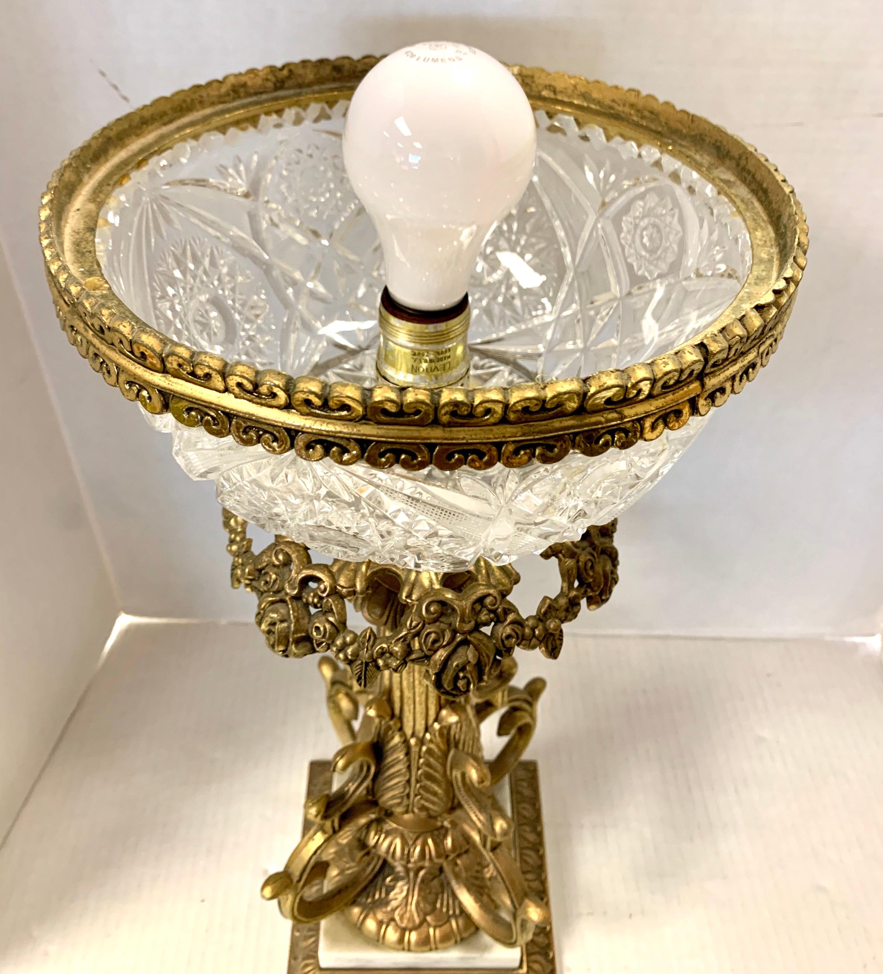 Louis XV Tall Cut Crystal Ball and Cast Bronze French Table Lamp in Manner of Baccarat