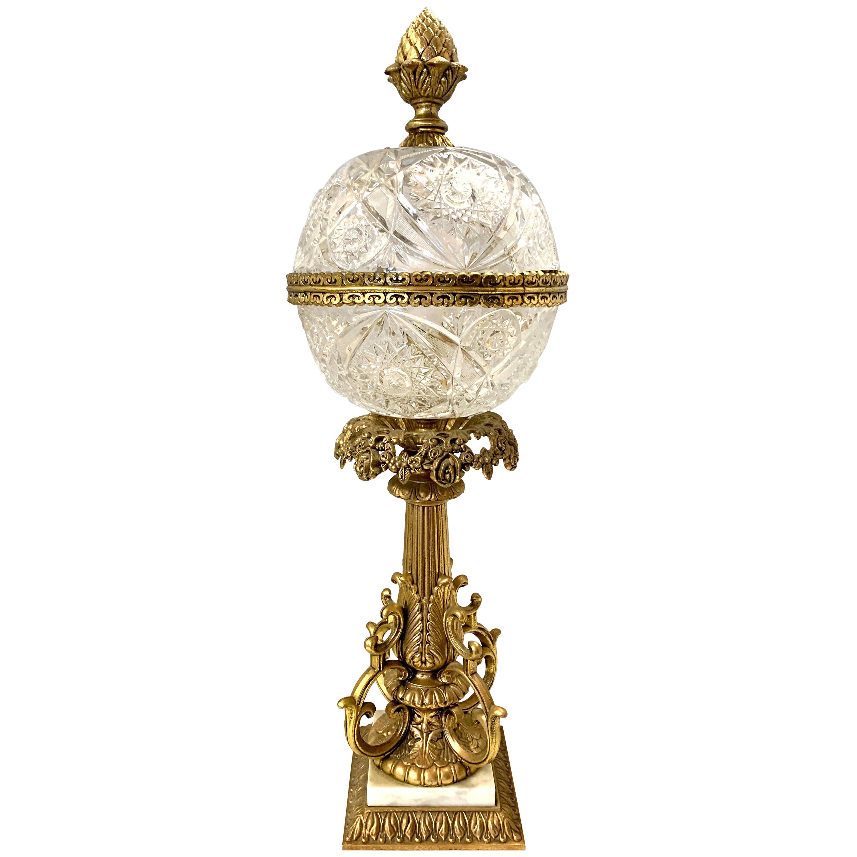 Tall Cut Crystal Ball and Cast Bronze French Table Lamp in Manner of Baccarat