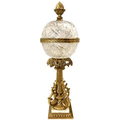 Tall Cut Crystal Ball and Cast Bronze French Table Lamp in Manner of Baccarat