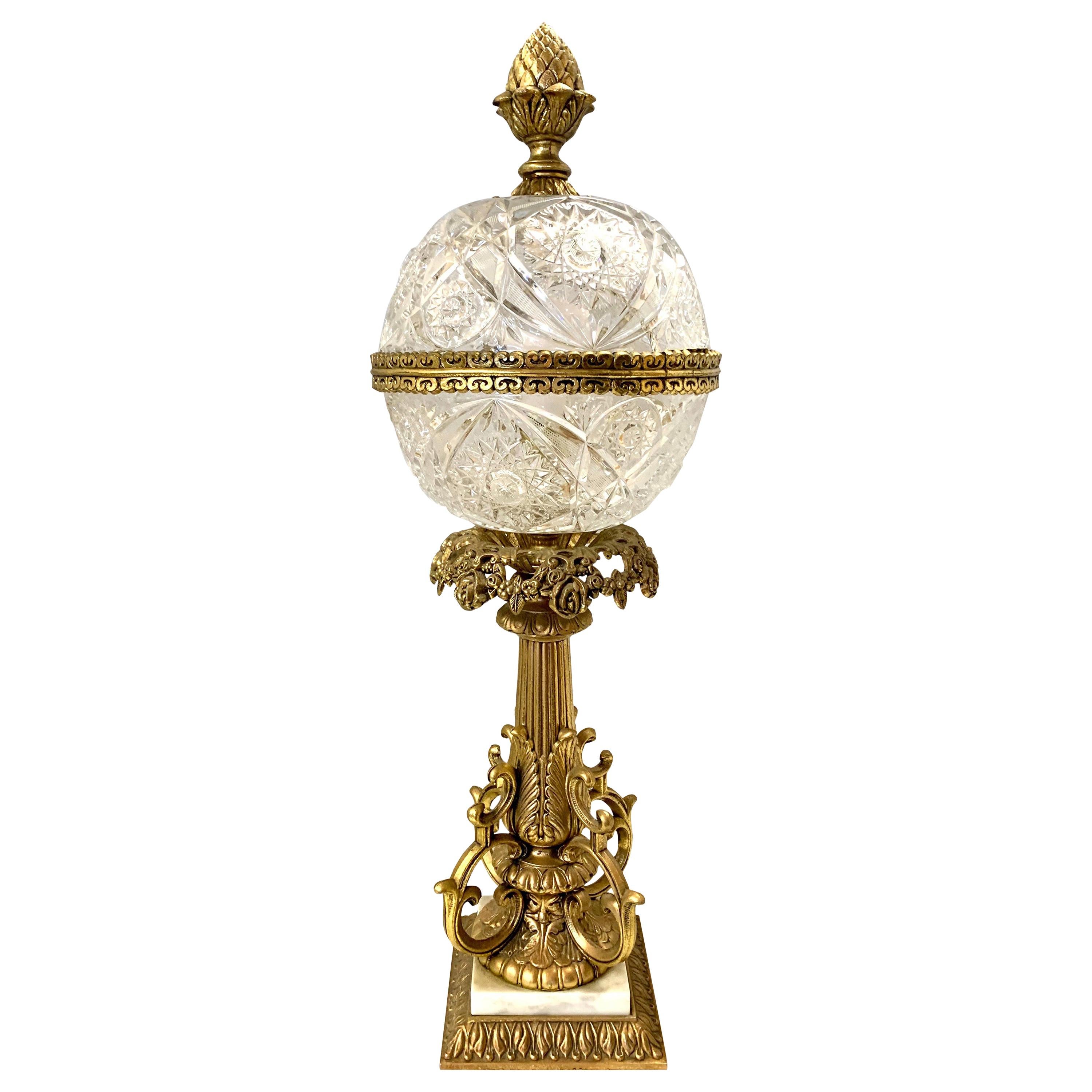 Tall Cut Crystal Ball and Cast Bronze French Table Lamp in Manner of Baccarat