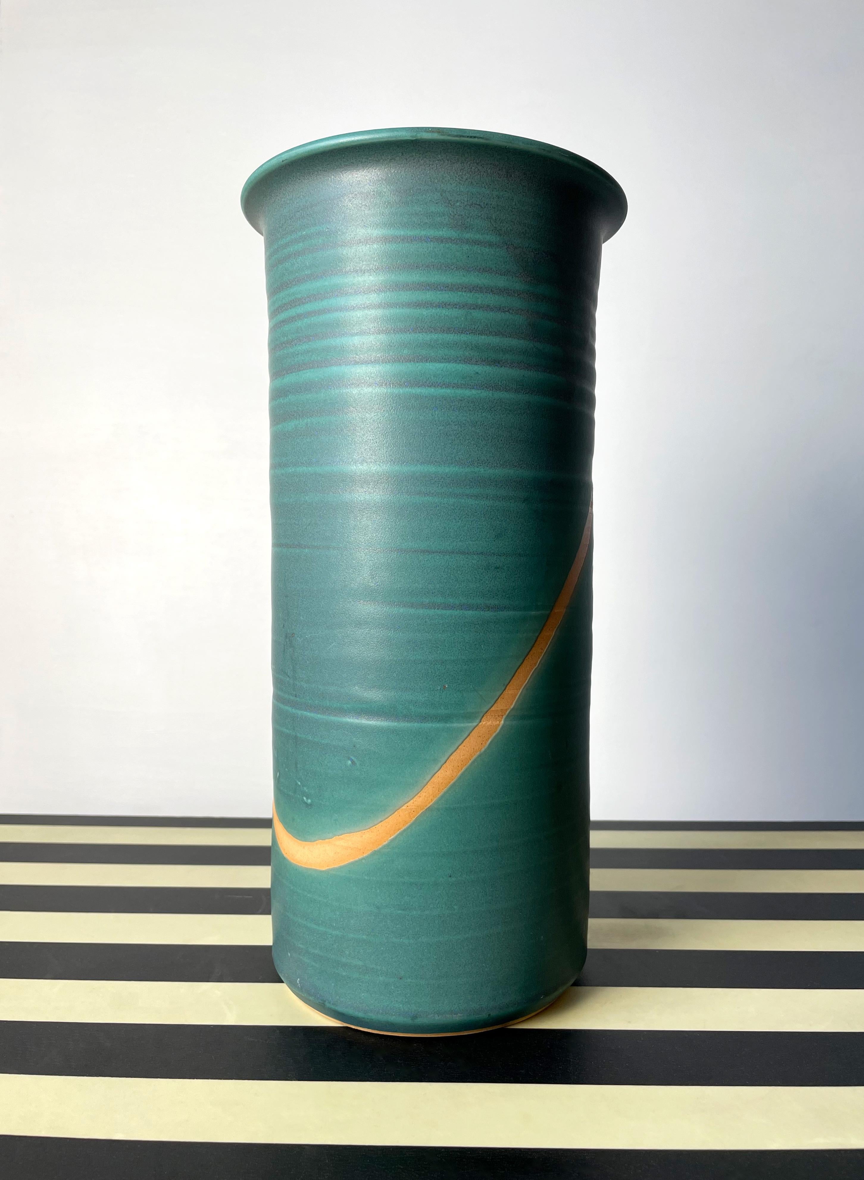 Scandinavian Modern Large Cylinder 80s Danish Glazed Green Ceramic Vase