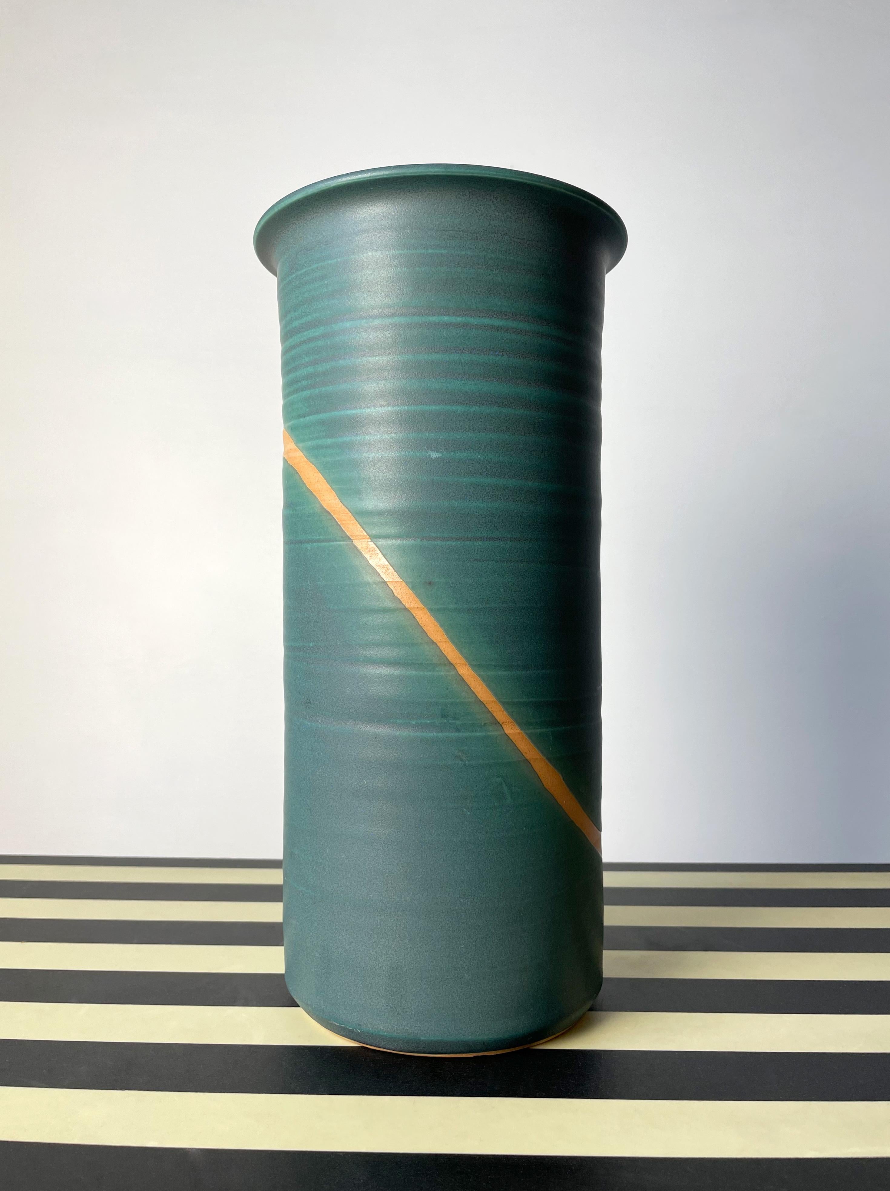 Large Cylinder 80s Danish Glazed Green Ceramic Vase In Good Condition In Copenhagen, DK
