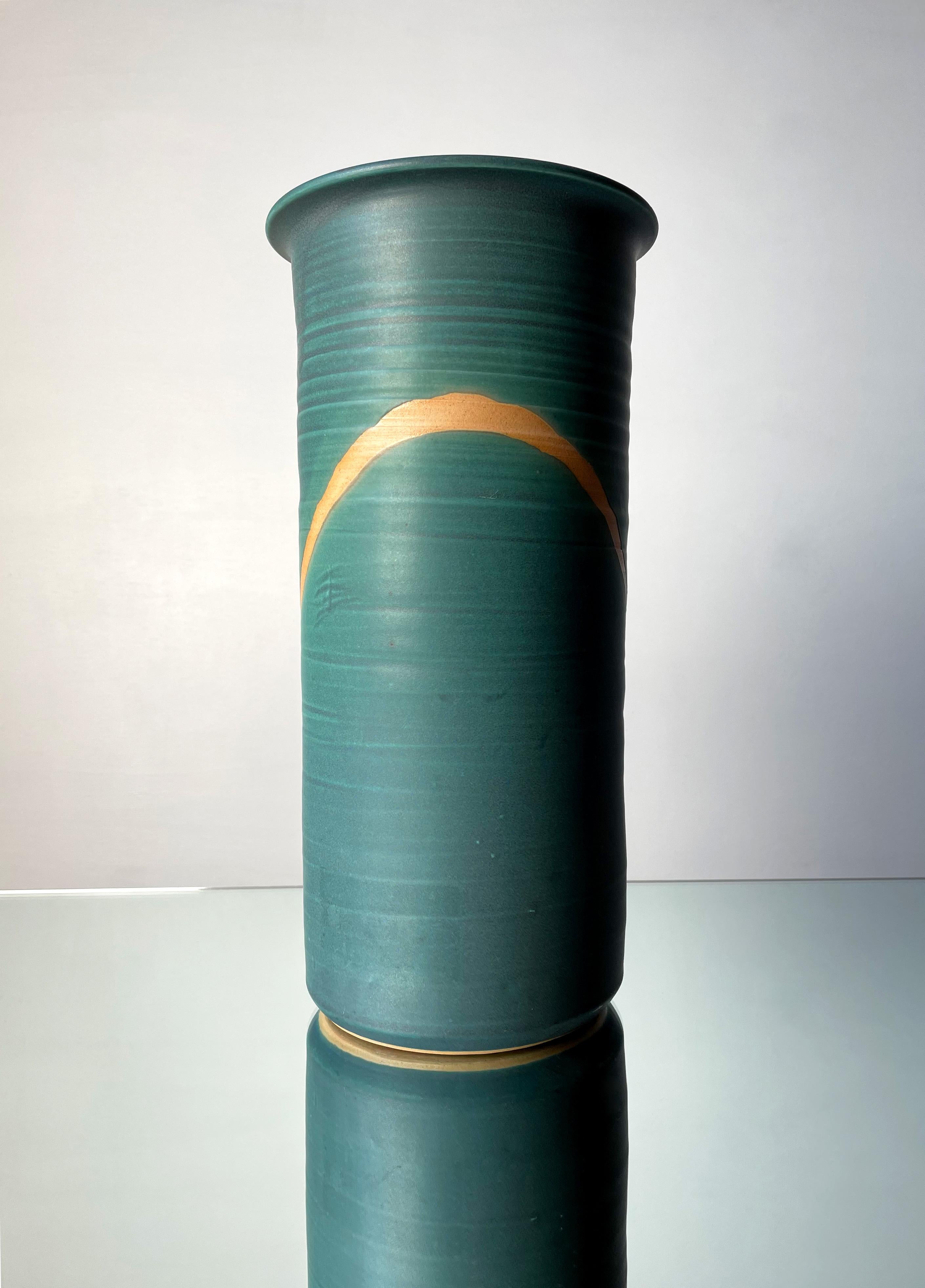 20th Century Large Cylinder 80s Danish Glazed Green Ceramic Vase