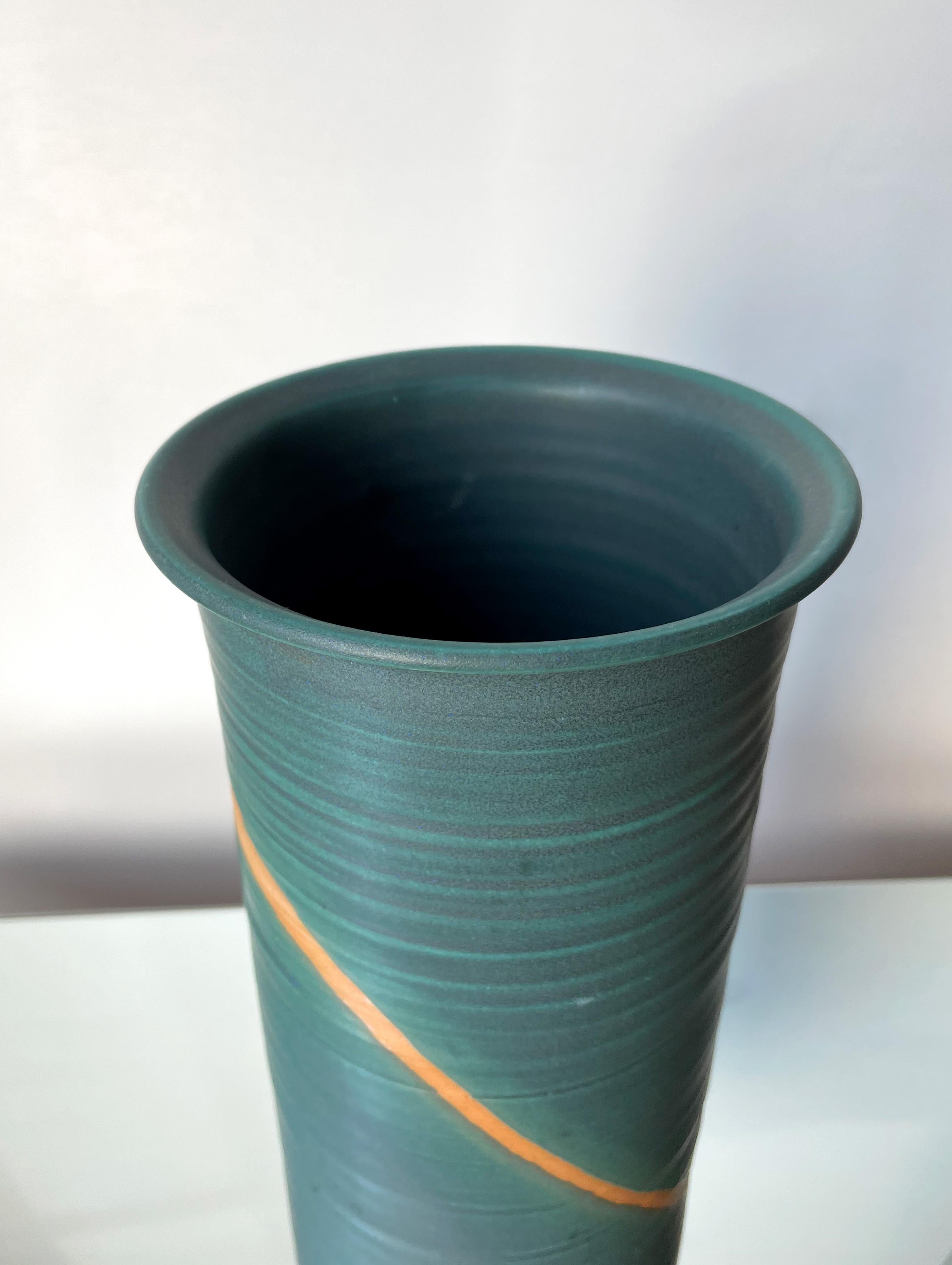 Large Cylinder 80s Danish Glazed Green Ceramic Vase 1