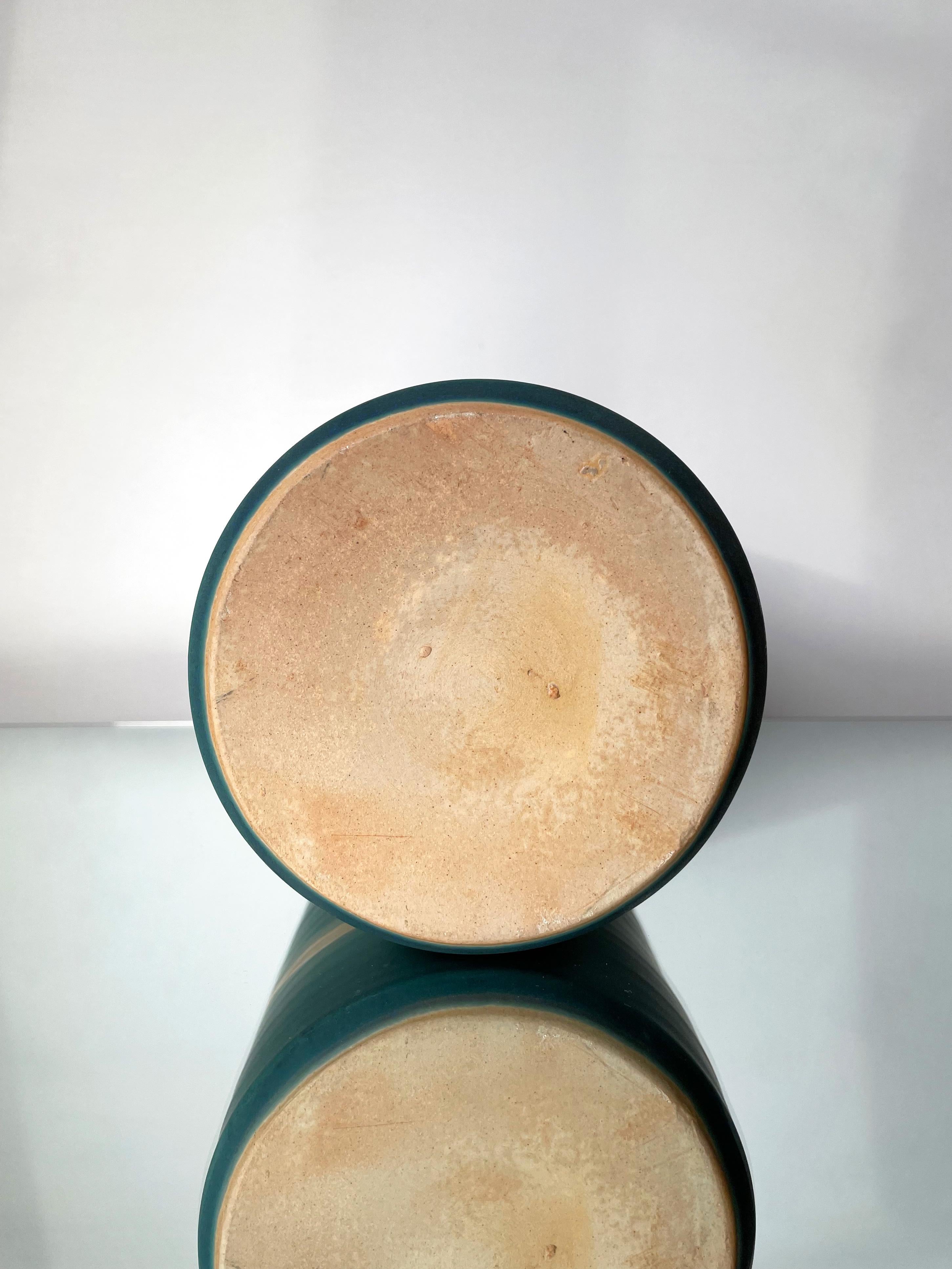 Large Cylinder 80s Danish Glazed Green Ceramic Vase 2