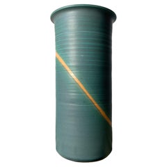 Tall Cylinder 80s Danish Glazed Green Ceramic Vase