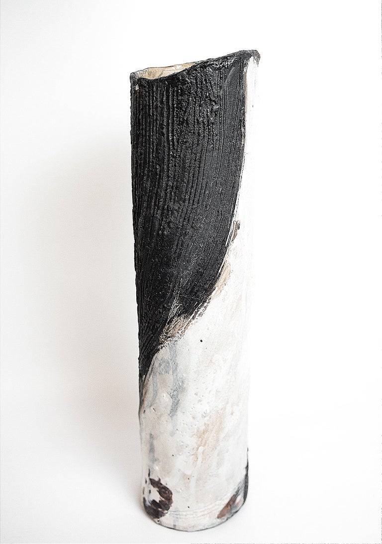 Tall Cylinder Stoneware Ceramic Handmade Vase For Sale at 1stDibs