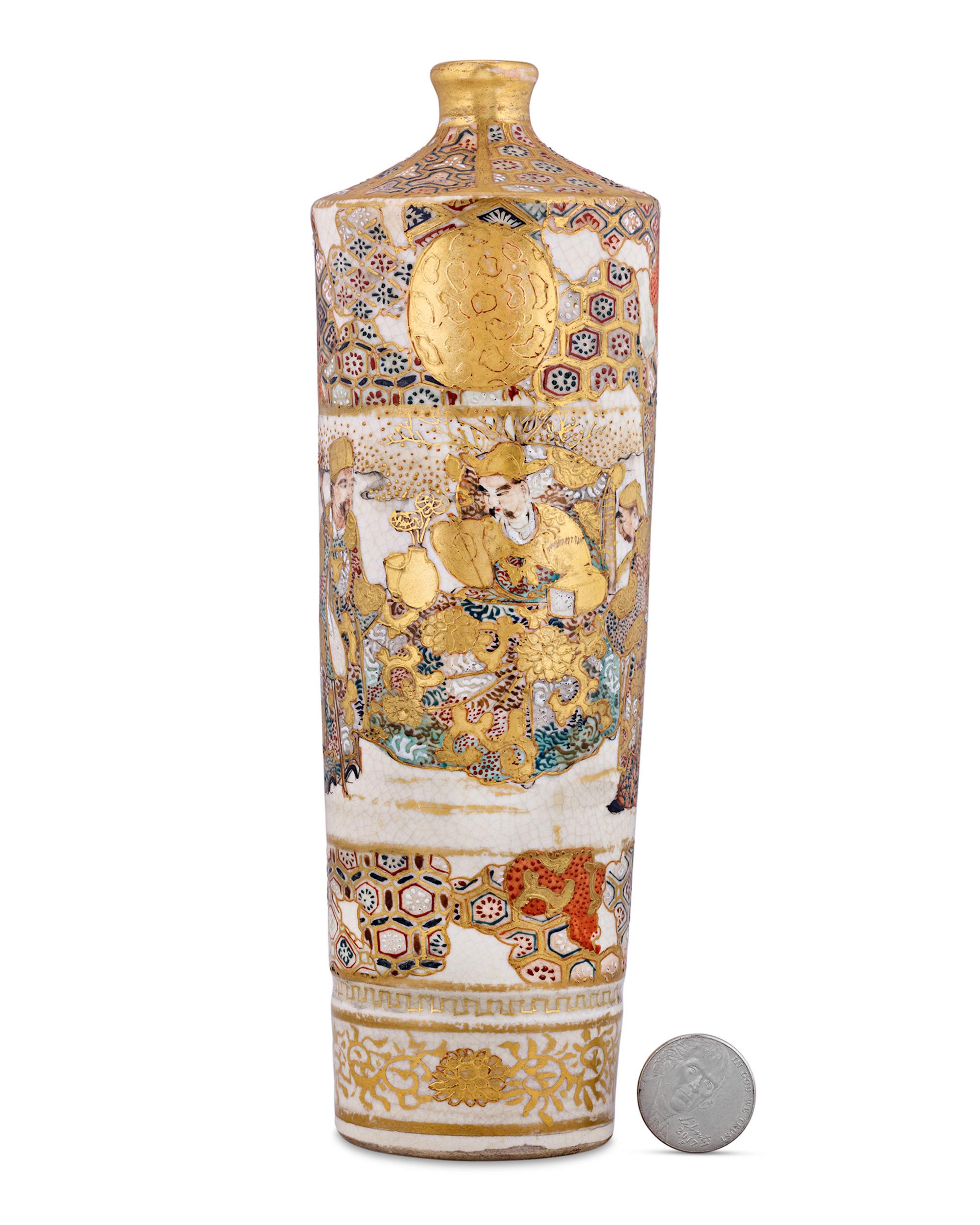 Meiji Tall, Cylindrical Satsuma Vase For Sale
