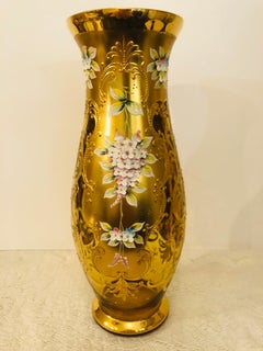 Tall Czechoslovakian Gold Tone Glass Vase with Raised Flowers & Profuse Gilding