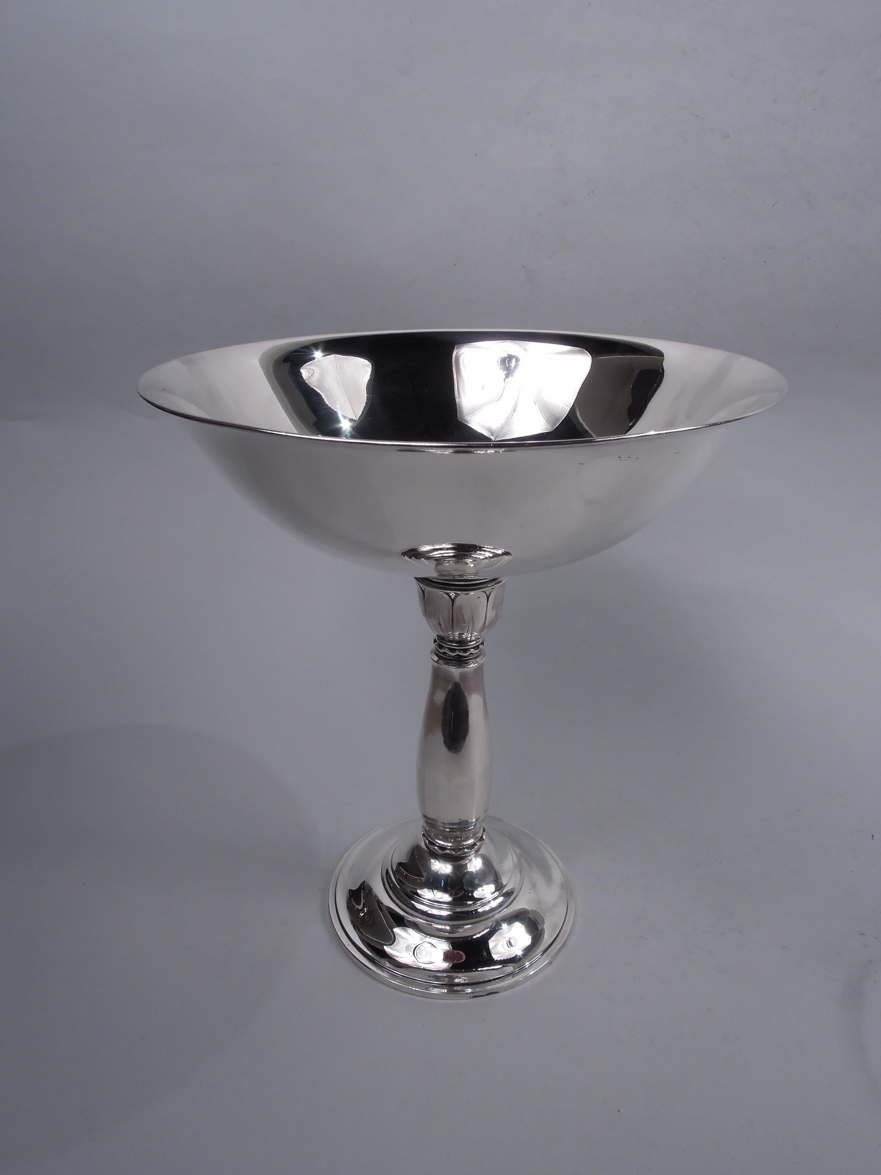 Danish Midcentury Modern sterling silver compote. Wide and round bowl mounted to shaft with understated Classical ornament: Urn with bold and stylized leaf-and-dart ornament on sides, in turn mounted to baluster with half fluting; wavy borders.