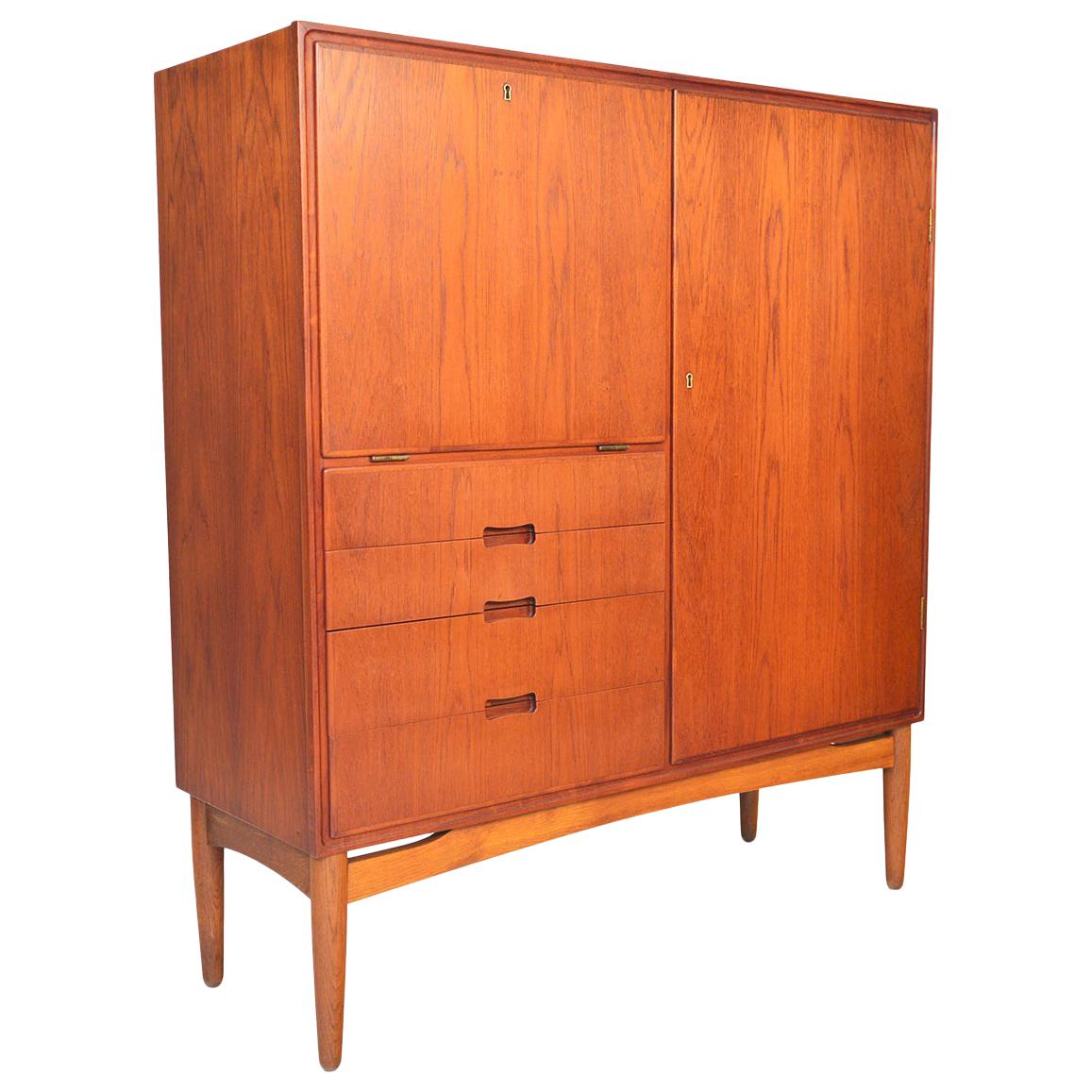 Tall Danish Modern Teak and Oak Cupboard with Bar