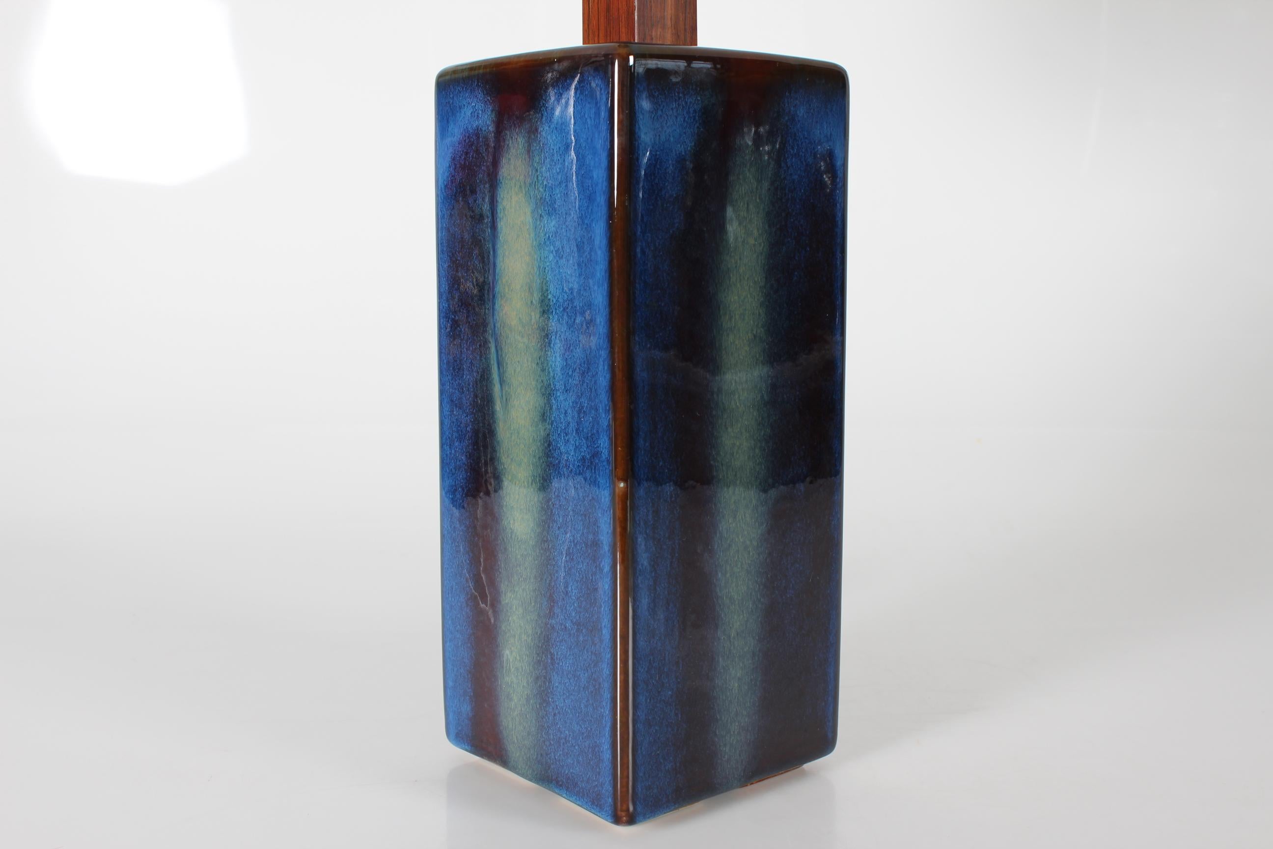 Mid-Century Modern Tall Danish Sculptural Table Lamp with Glossy Dark Blue Glaze by Søholm  For Sale