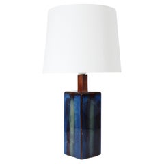 Tall Danish Sculptural Table Lamp with Glossy Dark Blue Glaze by Søholm 