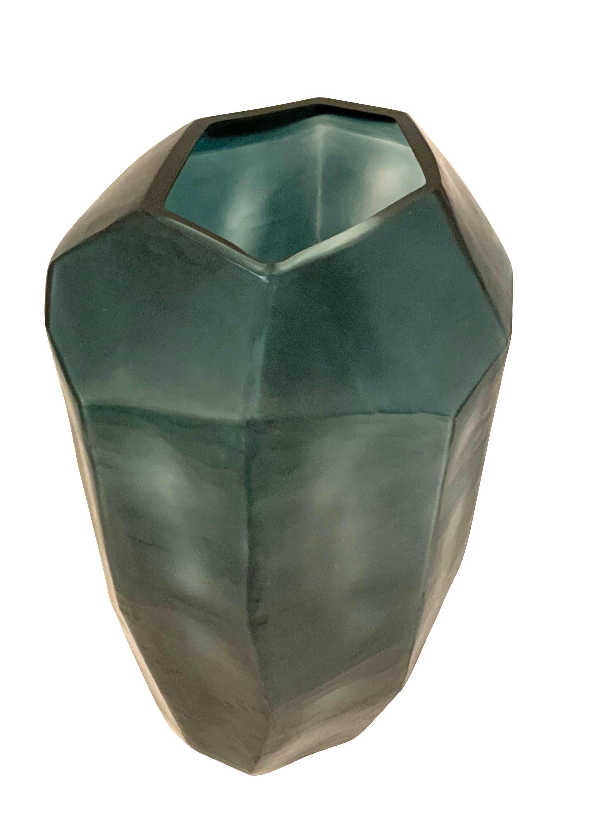 Contemporary Romanian tall dark blue glass vase.
Vertical cubist design.
 