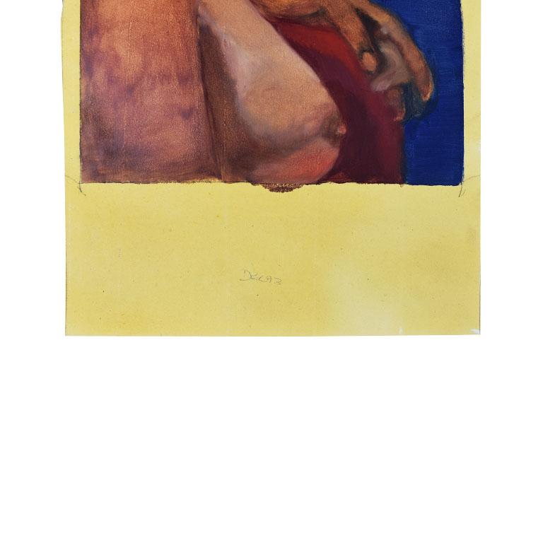 A tall portrait painting of a nude woman by the late artist Clair Seglem. This piece has been created on thick paper and is ready for framing. The subject of this piece is a woman in the buff. She sits upon a red chair and has dirty blonde flowing