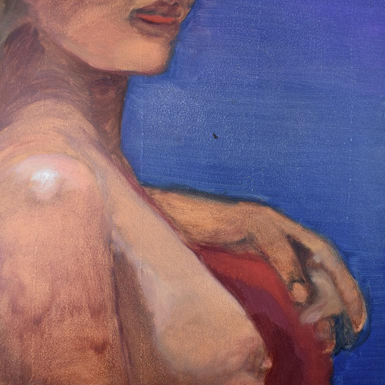 American Tall Dark Blue Portrait Painting of a Nude Woman Signed 1993 For Sale