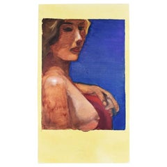 Retro Tall Dark Blue Portrait Painting of a Nude Woman Signed 1993