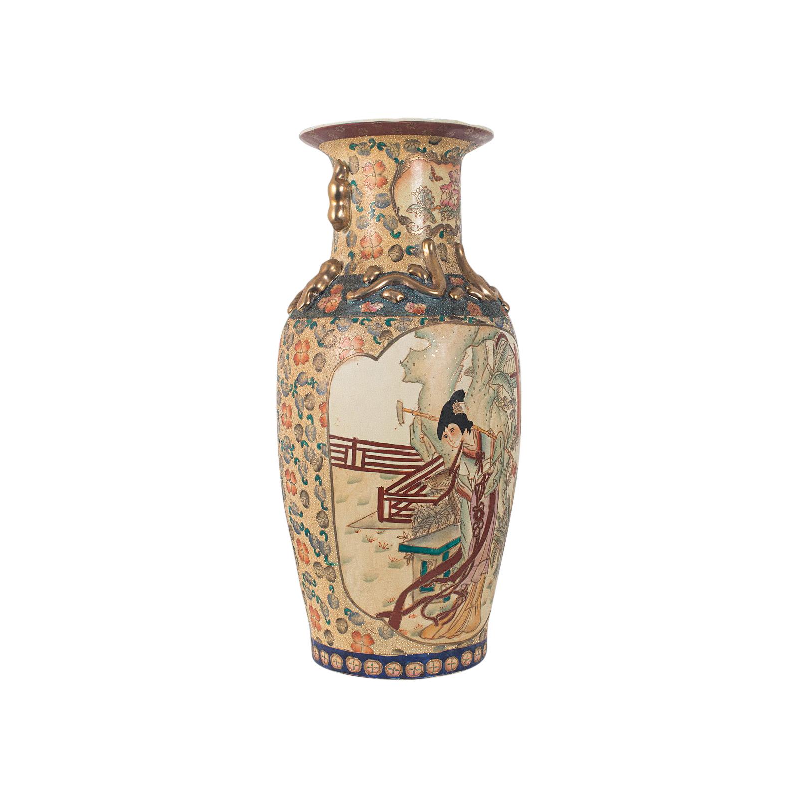 Tall Decorative Vase, Oriental, Ceramic, Urn, Moriage, Art Deco, circa 1940 For Sale