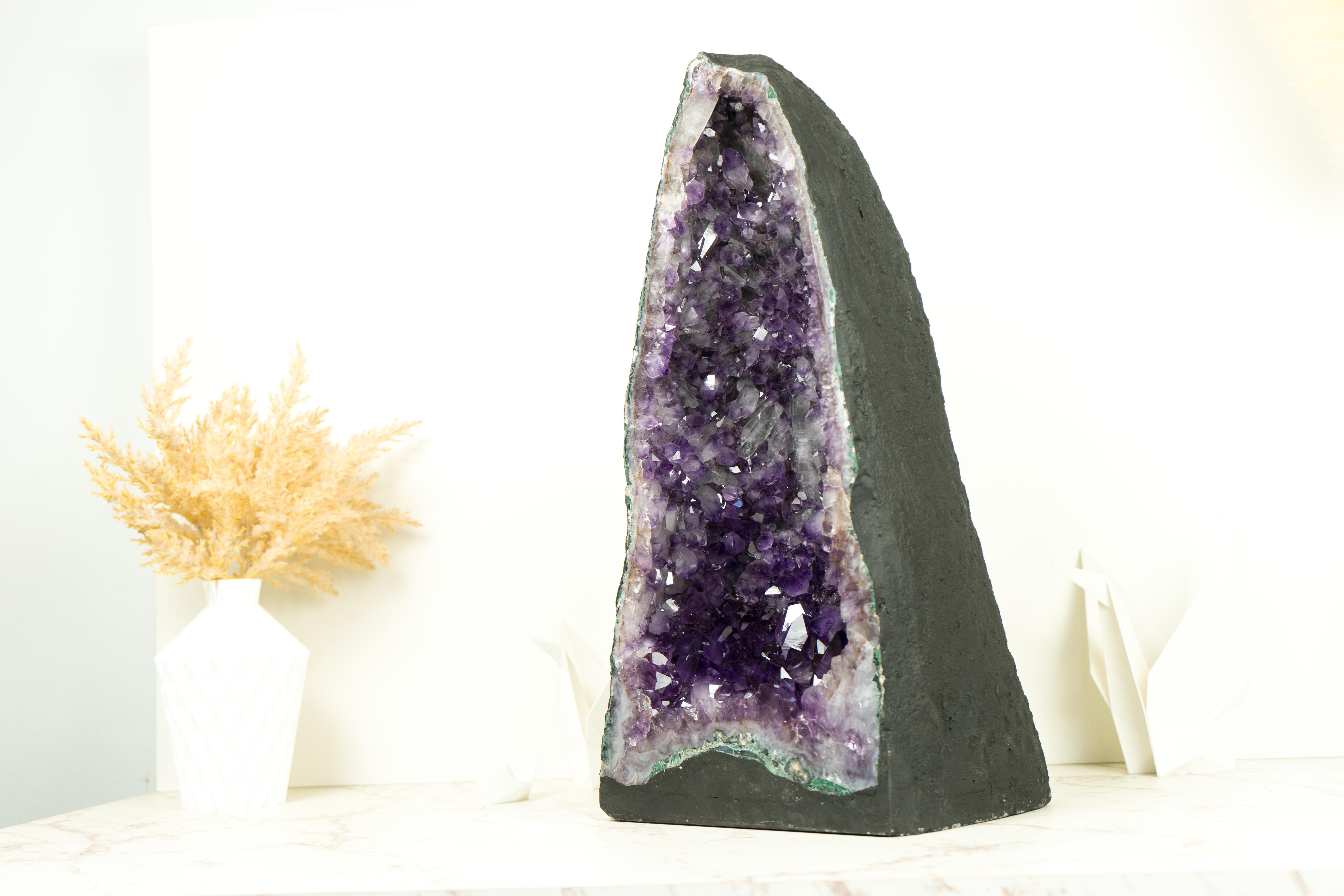 Tall Deep Purple Amethyst Crystal Geode Cathedral, with Rare Amethyst Druzy  For Sale 6