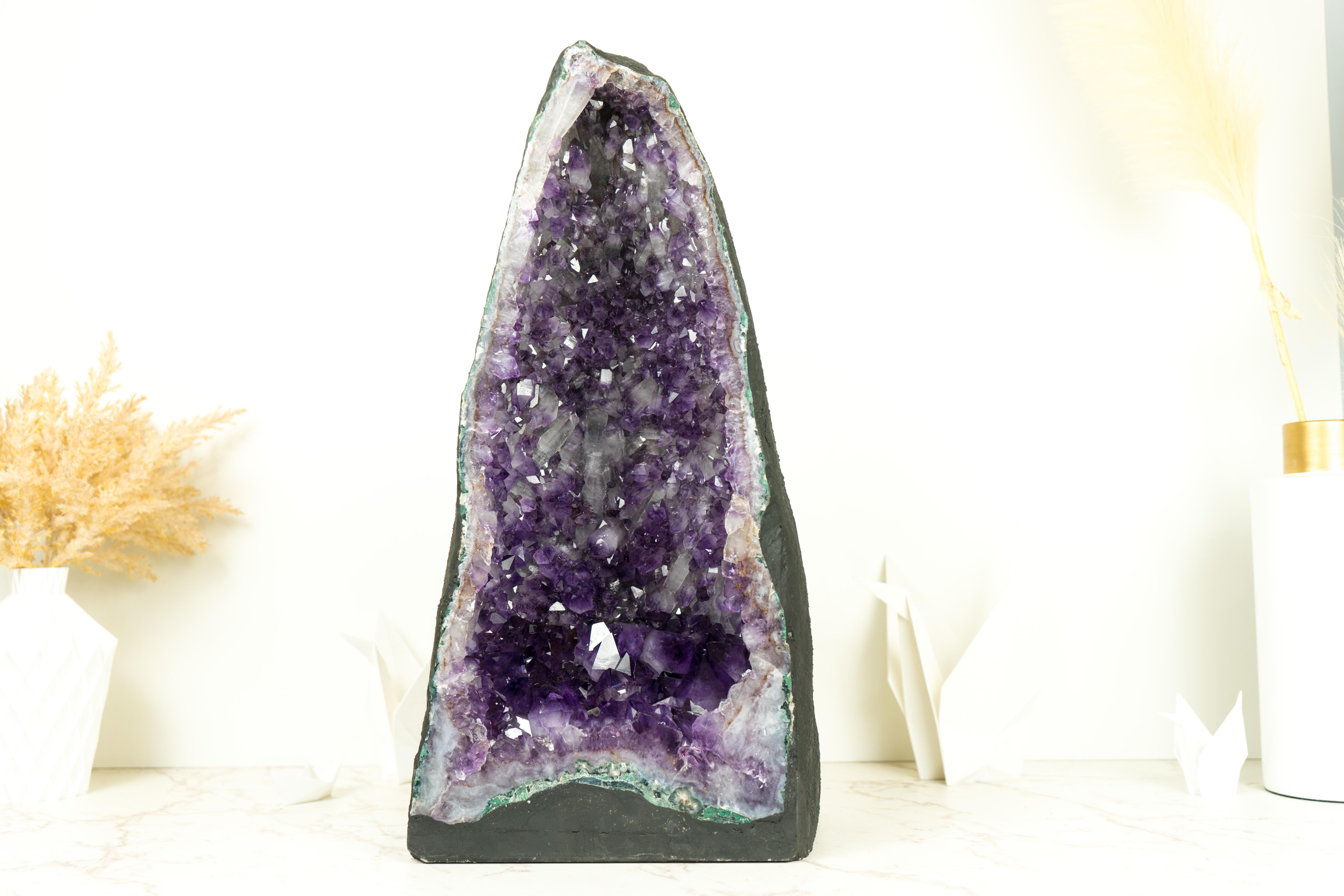 Tall Deep Purple Amethyst Crystal Geode Cathedral, with Rare Amethyst Druzy  For Sale 3