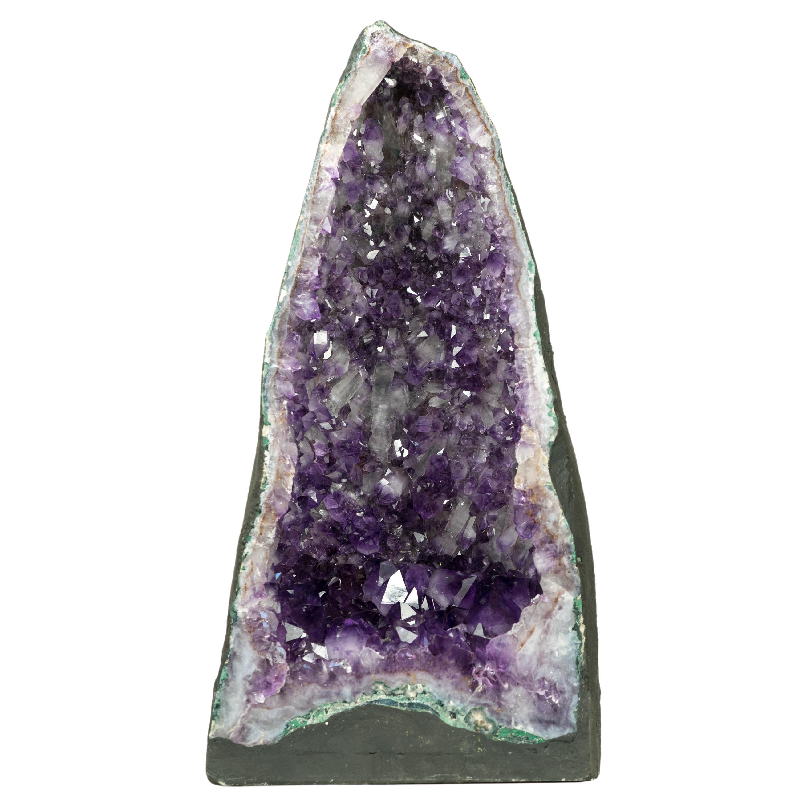 Große tieflila Amethyst-Kristall-Geode-Kathedrale mit seltenem Amethyst- Druzy 