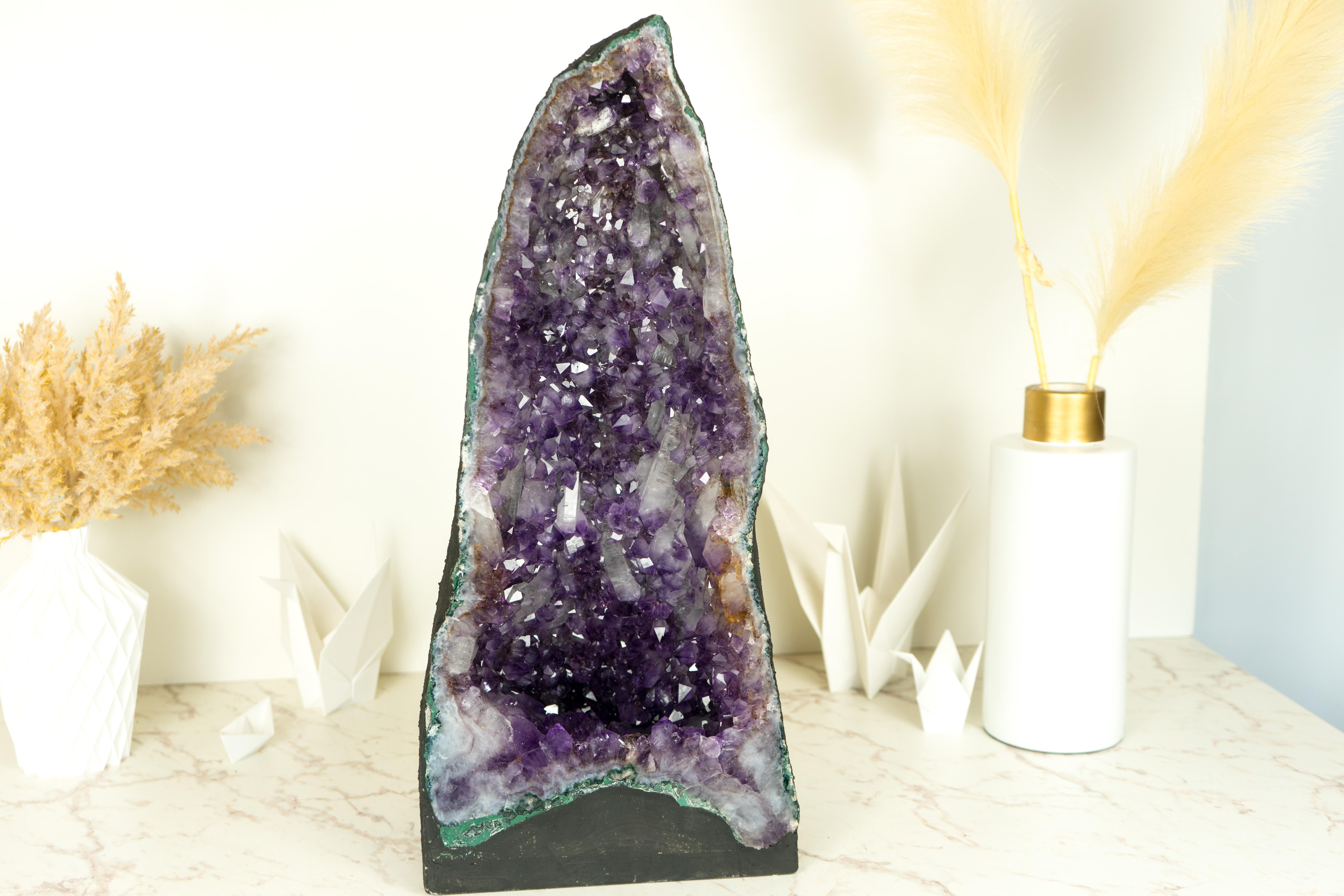 Brazilian Tall Deep Purple Amethyst Crystal Geode Cathedral, with Rare Druzy Formation For Sale