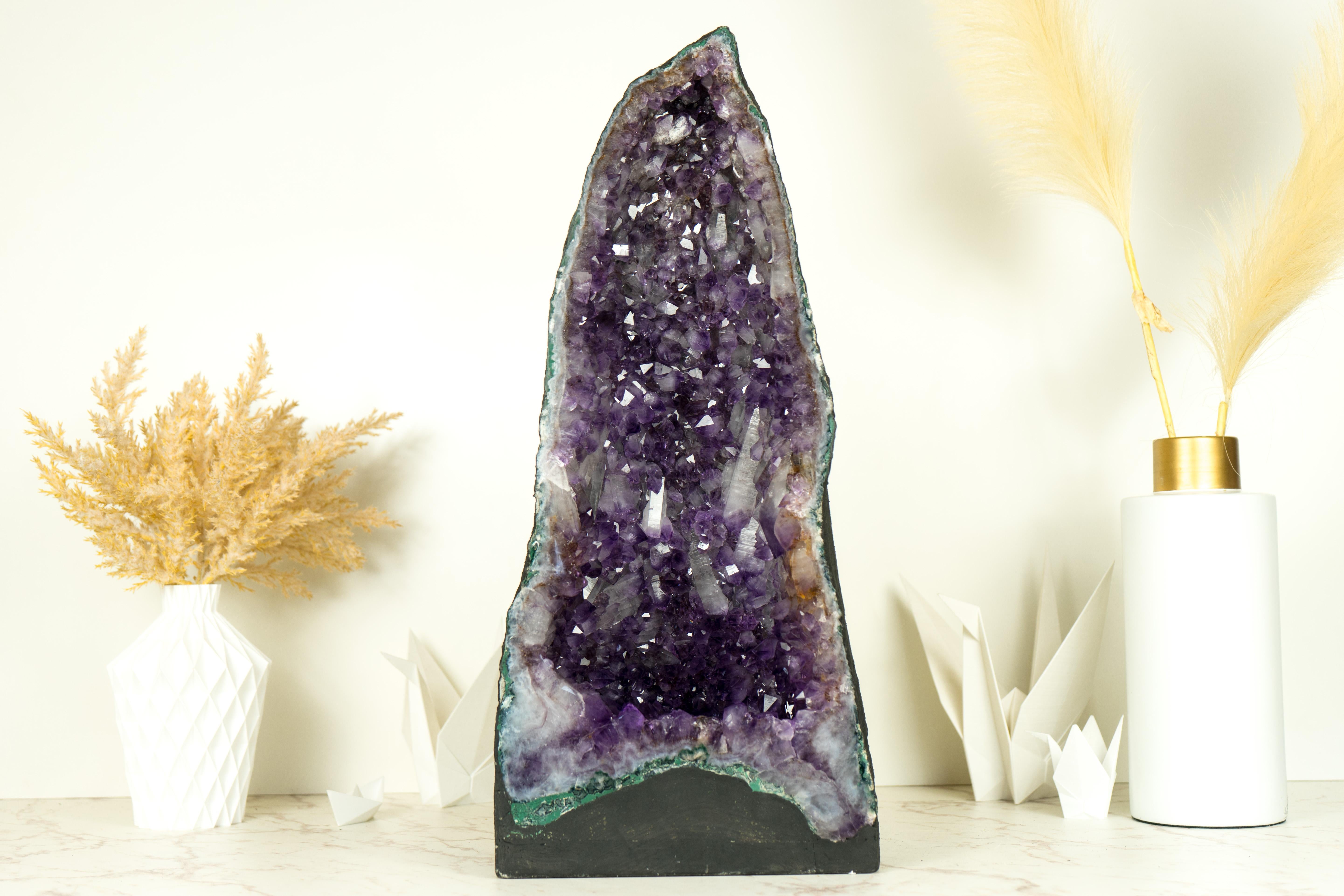 Contemporary Tall Deep Purple Amethyst Crystal Geode Cathedral, with Rare Druzy Formation For Sale