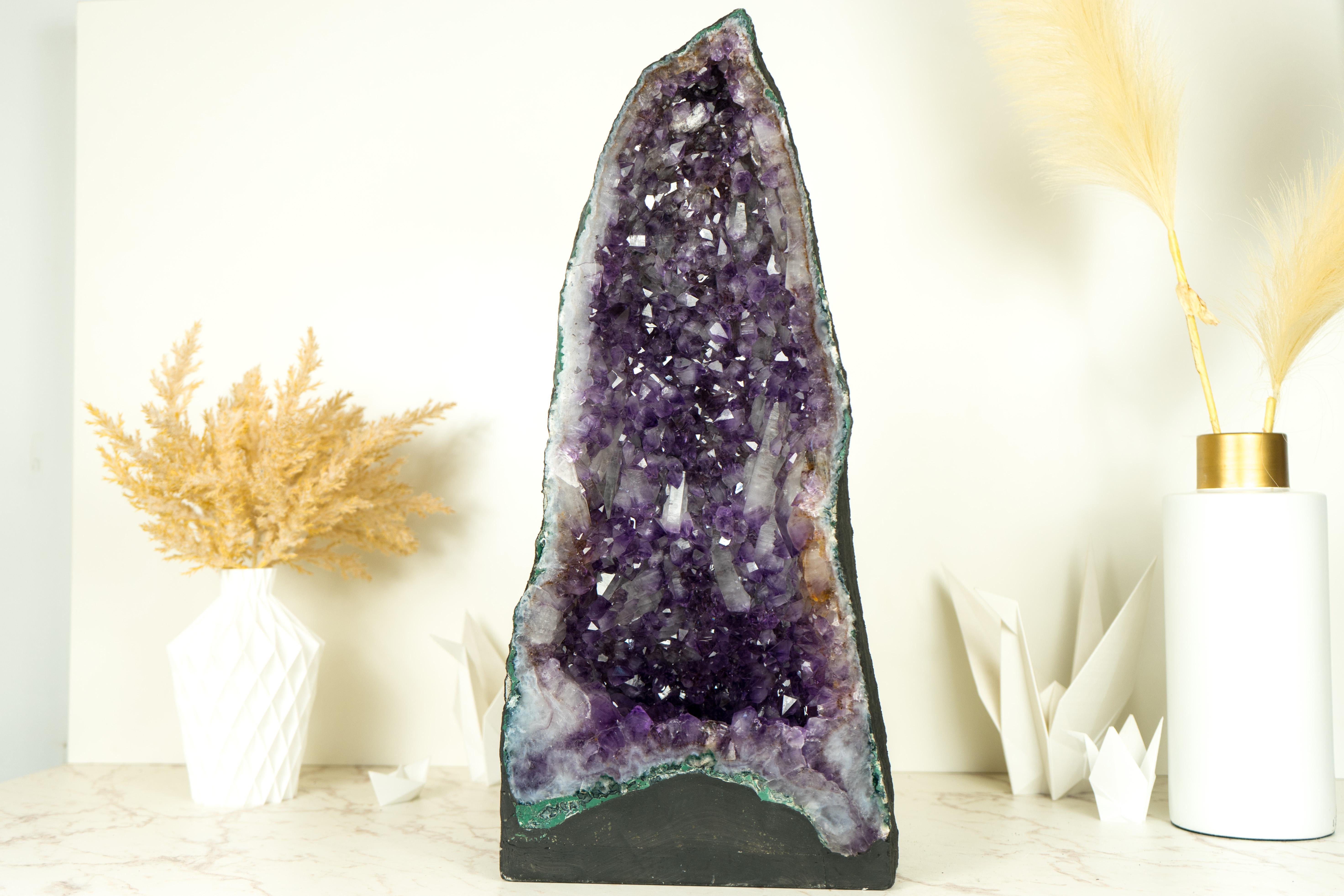 Tall Deep Purple Amethyst Crystal Geode Cathedral, with Rare Druzy Formation For Sale 1