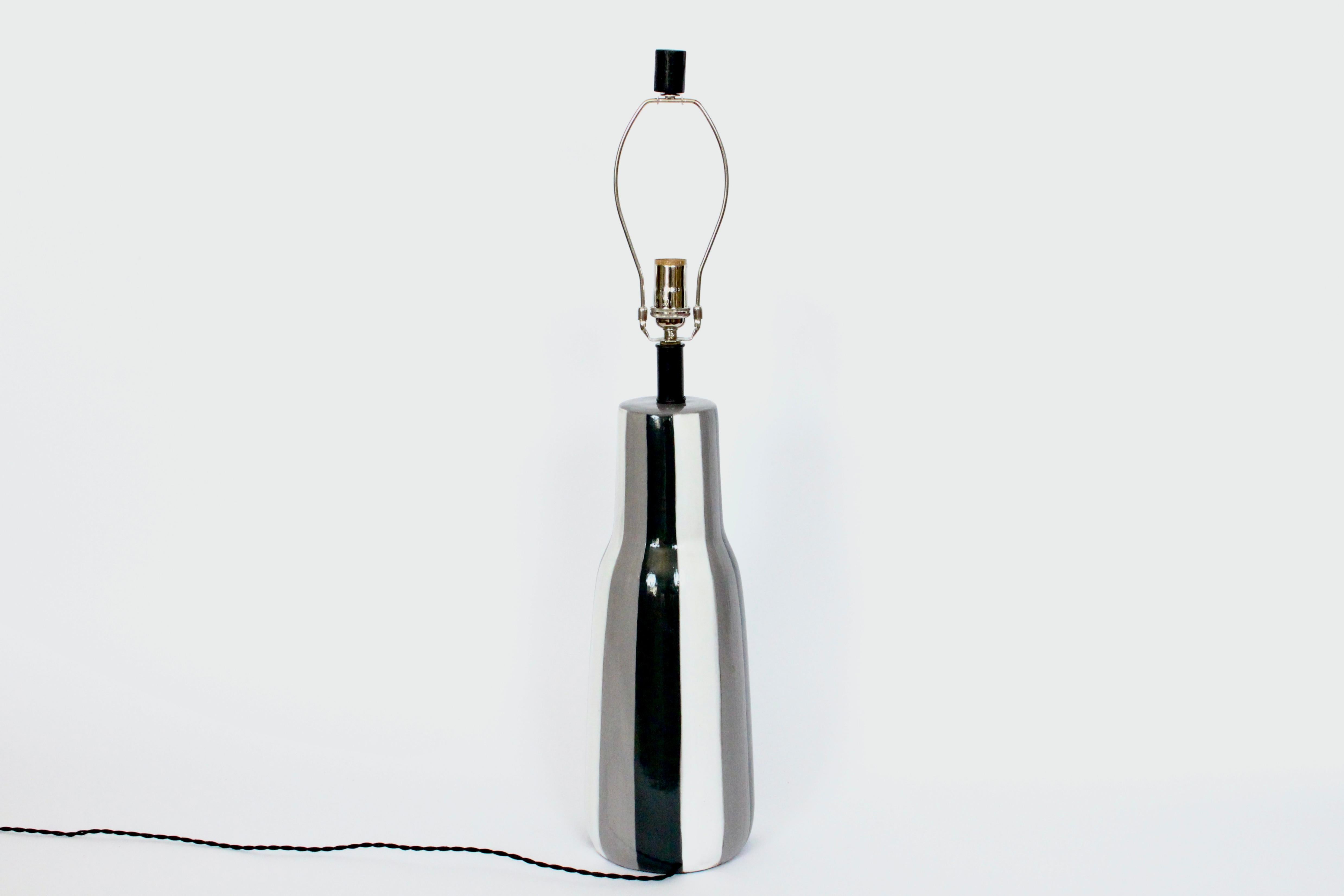 American Tall Design-Technics Black, White & Gray Vertical Stripe Ceramic Table Lamp  For Sale