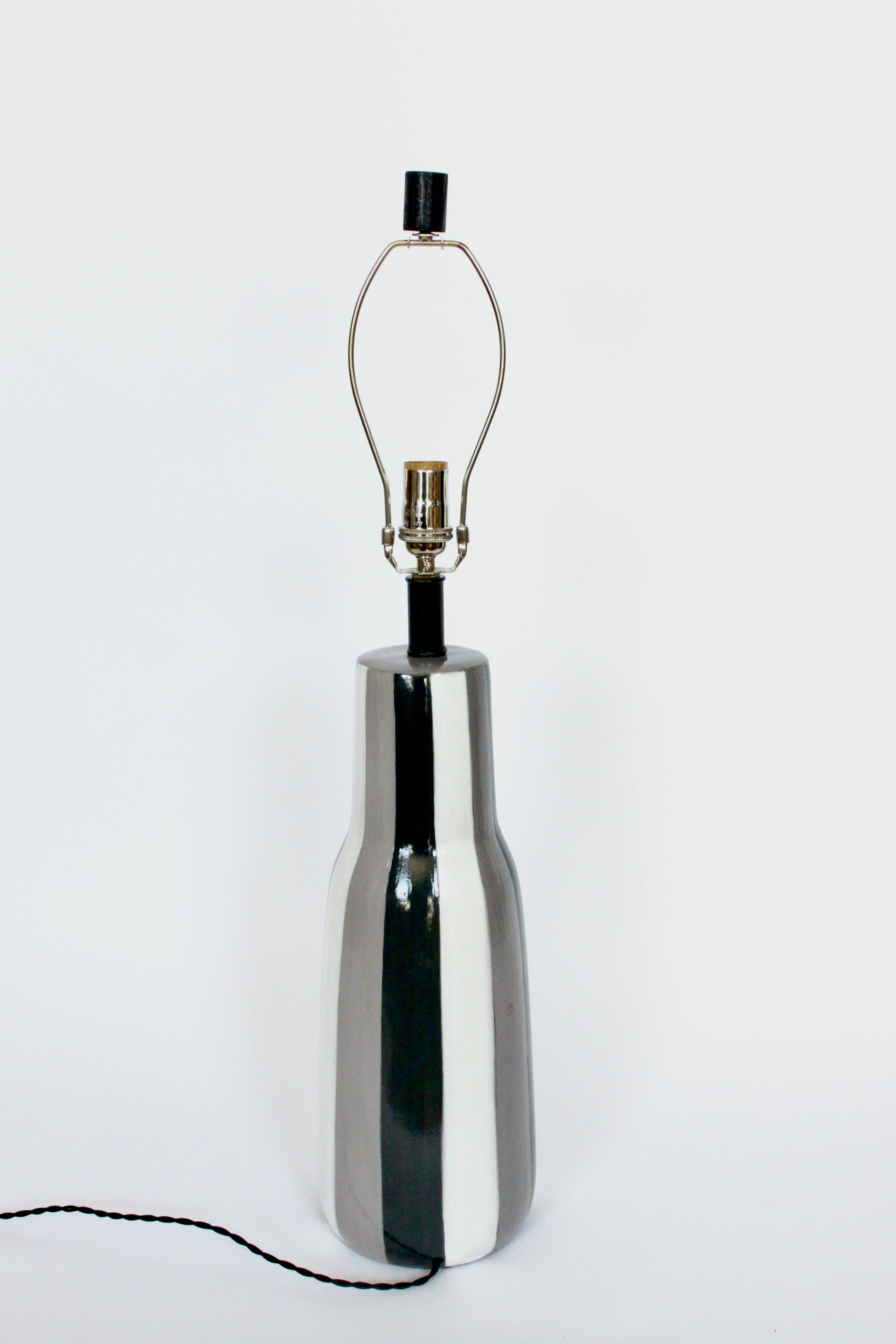 Tall Design-Technics Black, White & Gray Vertical Stripe Ceramic Table Lamp  In Good Condition For Sale In Bainbridge, NY
