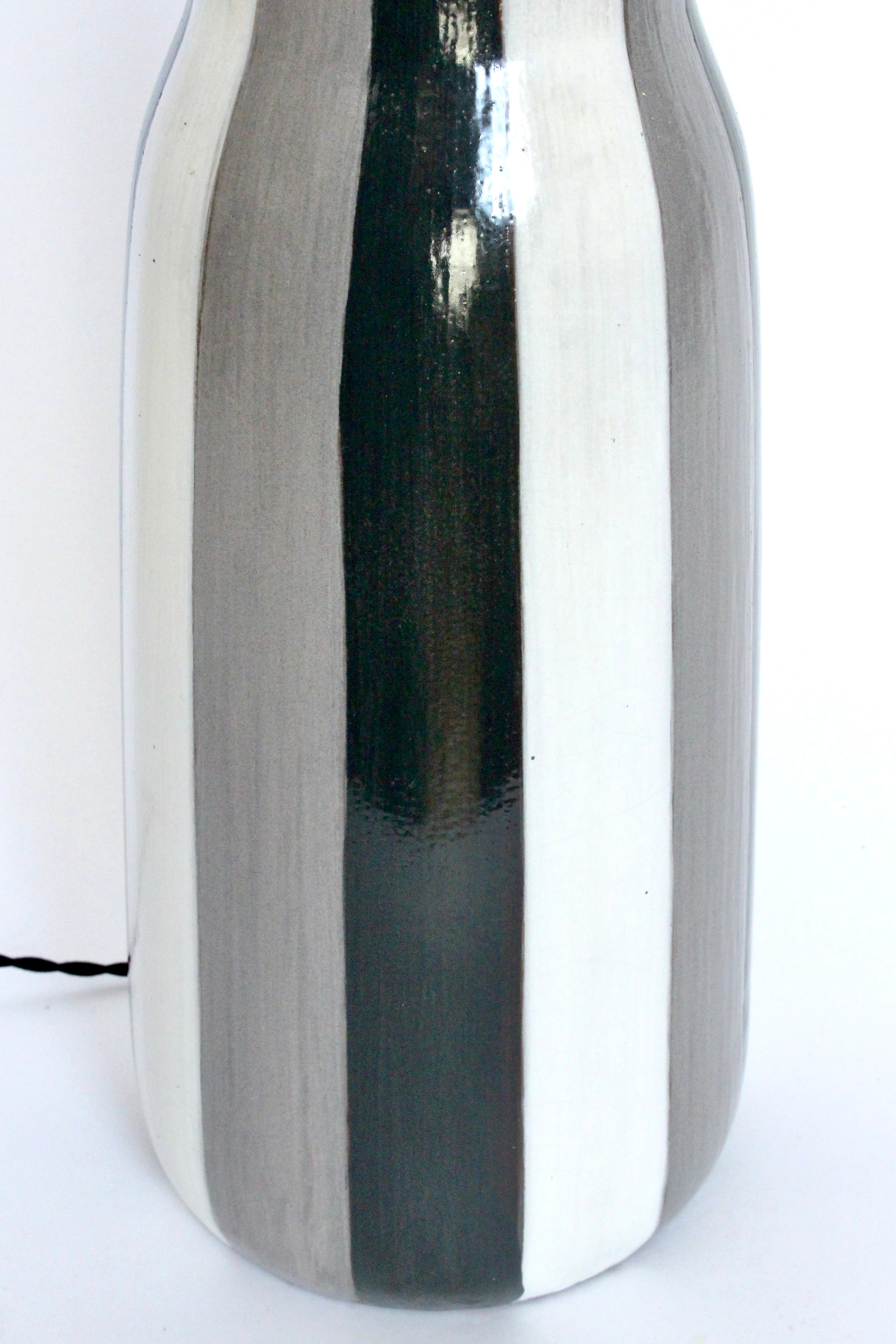 Design-Technics Style Black, White & Gray Vertical Stripe Pottery Table Lamp For Sale 1