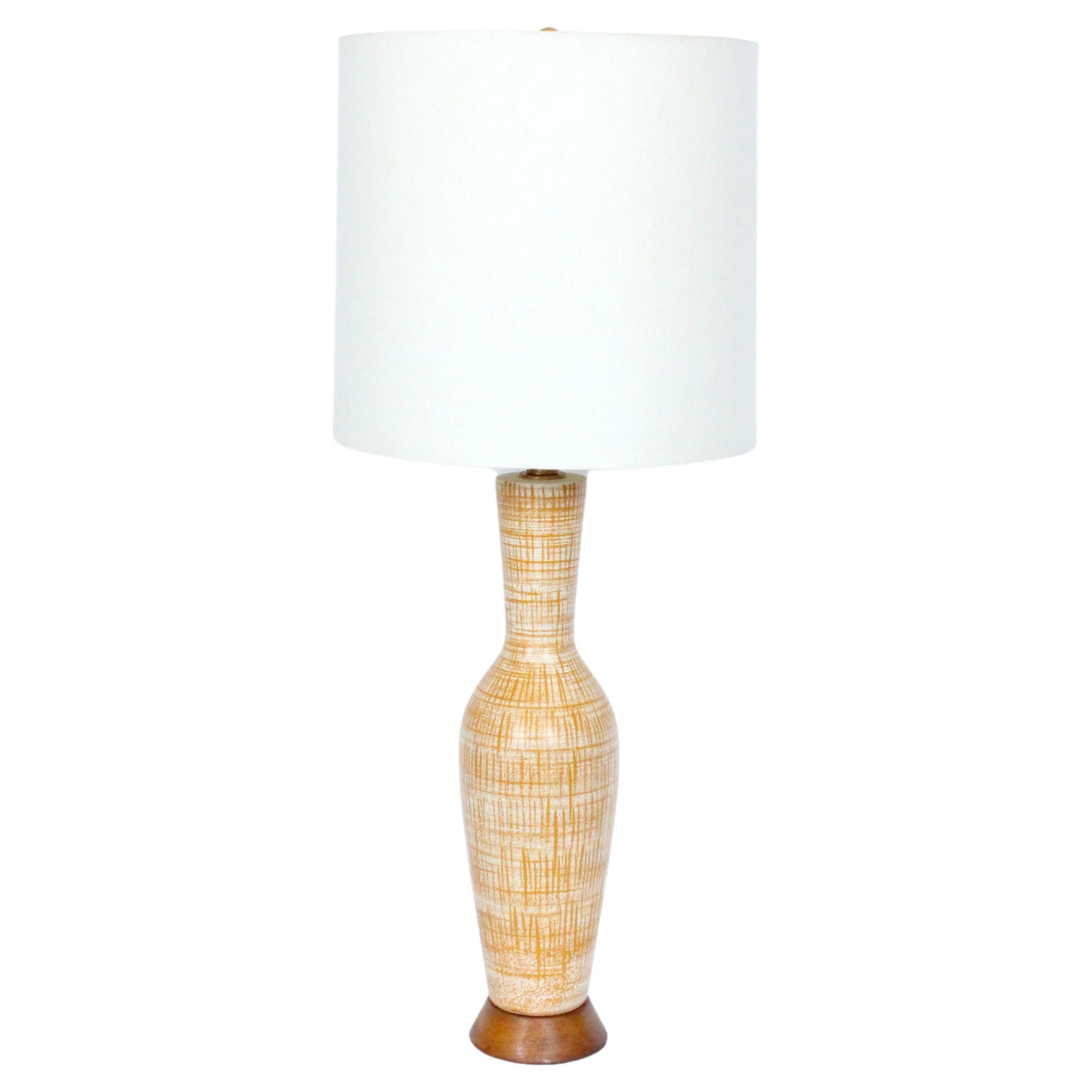 Tall Design Technics Pottery White Table Lamp with Woven Rust Pattern, 1950's For Sale