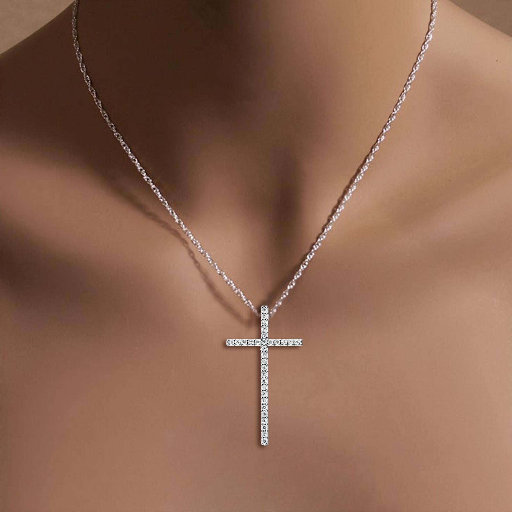 Round Cut Tall Diamond Skinny Cross Pendant .97cttw 14k White Gold For Sale