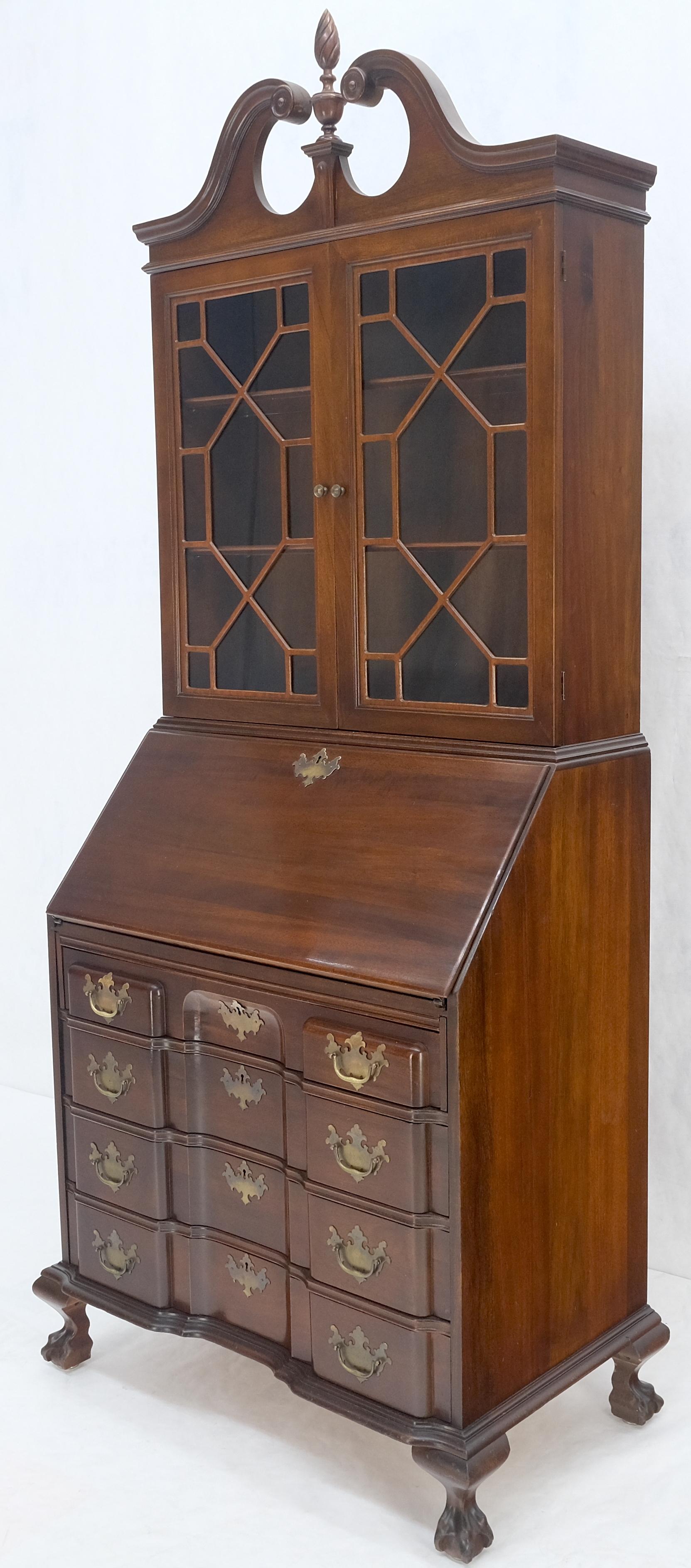 Chippendale Tall Double Glass Doors Ball Claw Carved Finial Drop Block Front Secretary MINT! For Sale