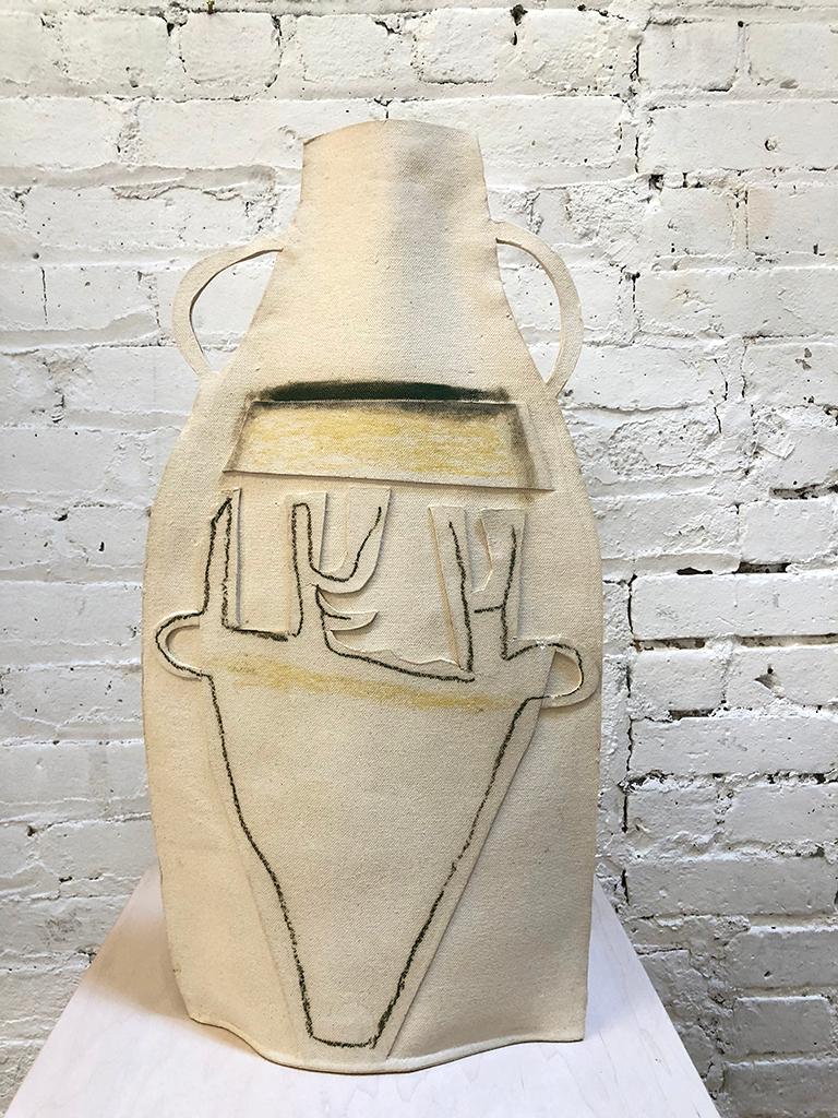 This tall painted flat vase by Alison Owen is made through Owen's skillful hand-building technique, utilizing thin slabs of a porcelain paper clay. It is hand painted on the outside with yellow, blue, pink and black glaze, underglaze and oil stick,