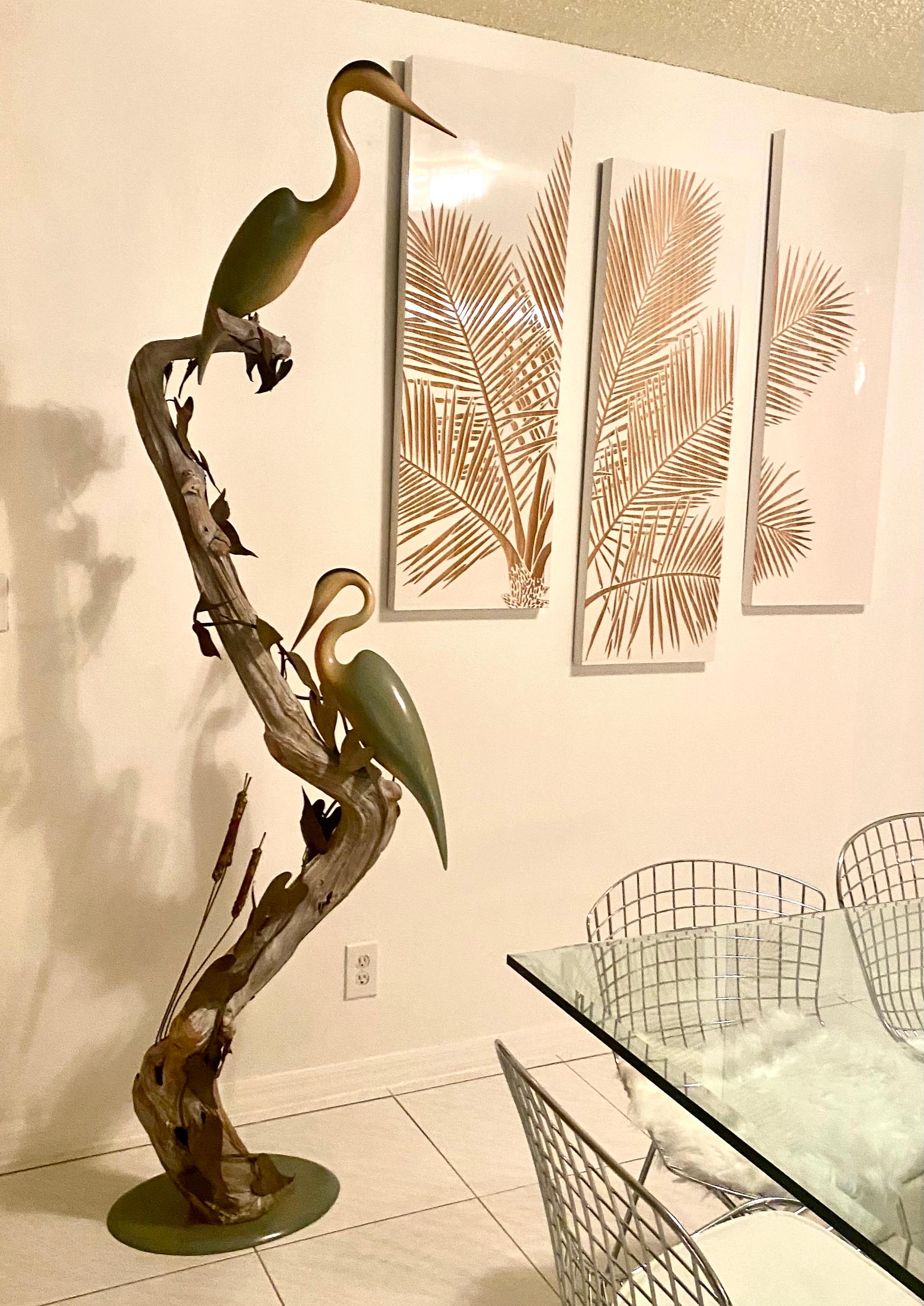 Tall Driftwood Freestanding Sculpture with Metal Leaves and Carved Wood Birds For Sale 4
